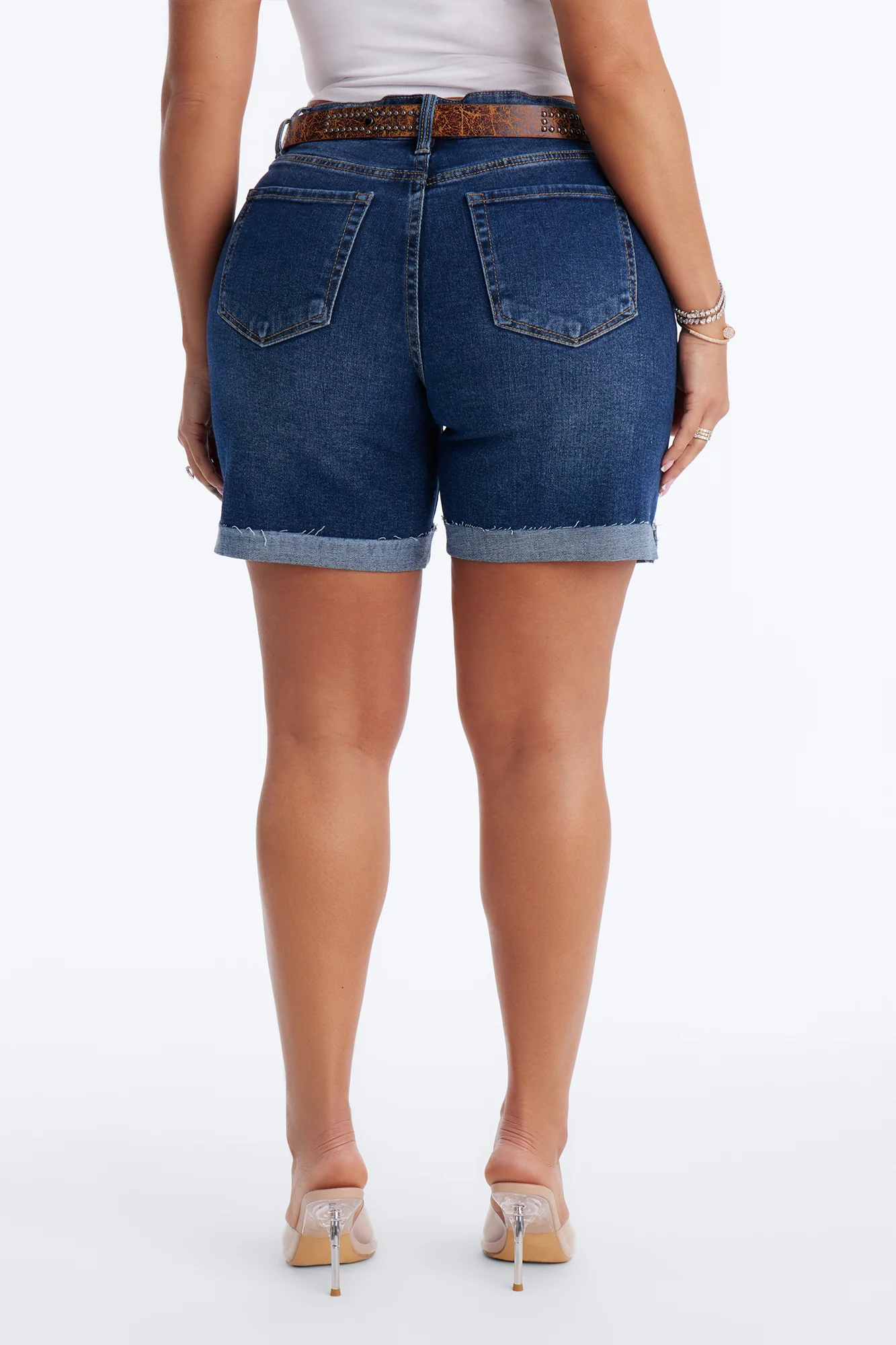 Settle In Belted Stretch Denim Shorts - Dark Wash - Image 4