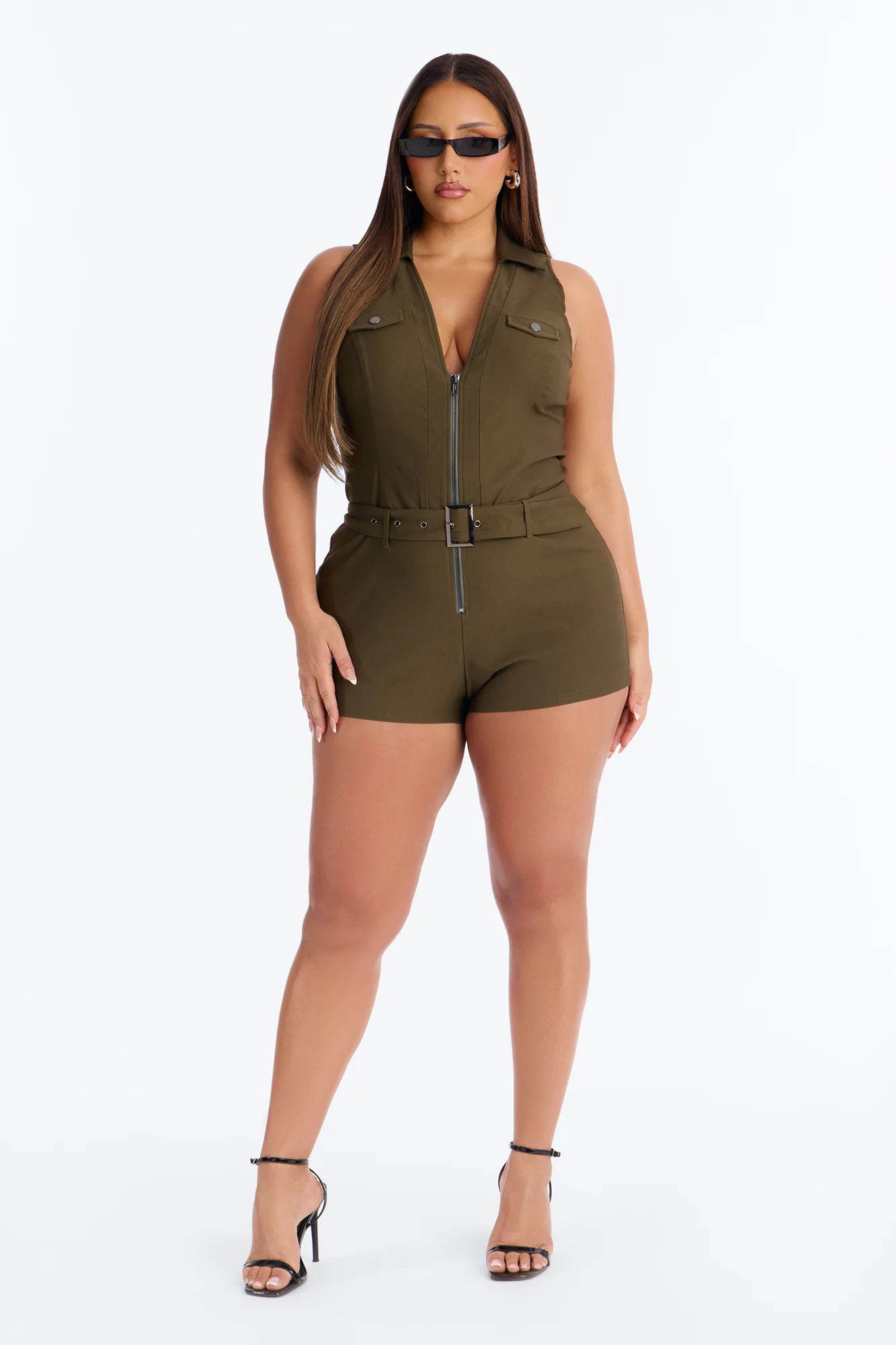 Shana Zip Front Belted Romper - Olive - Image 4