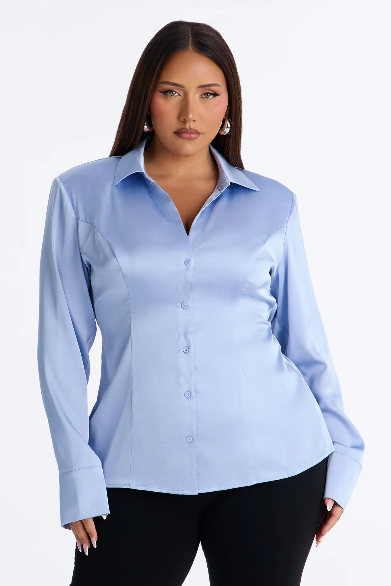 She Sets The Tone Shoulder Pads Satin Shirt - Periwinkle - Image 6