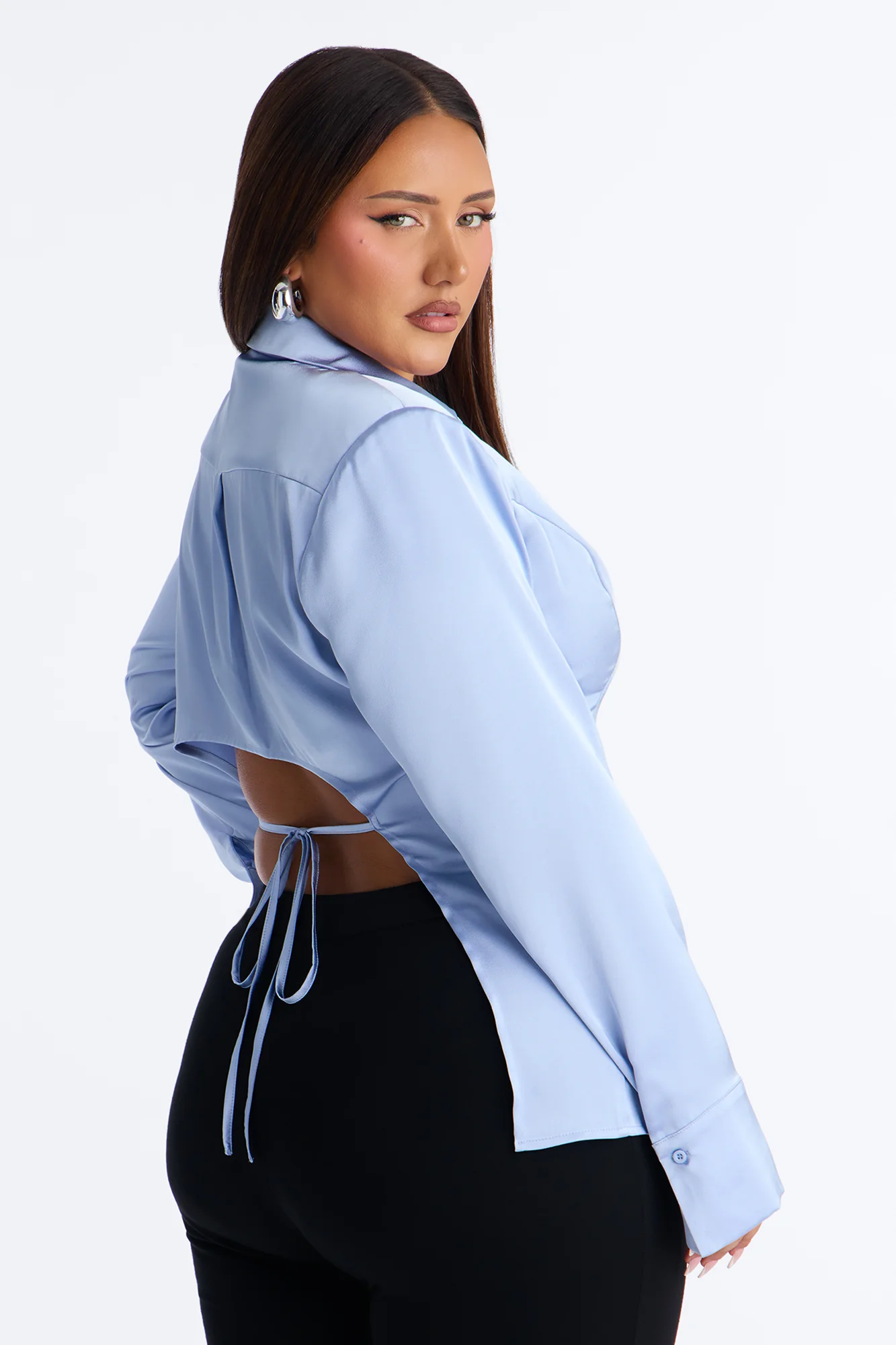 She Sets The Tone Shoulder Pads Satin Shirt - Periwinkle - Image 8