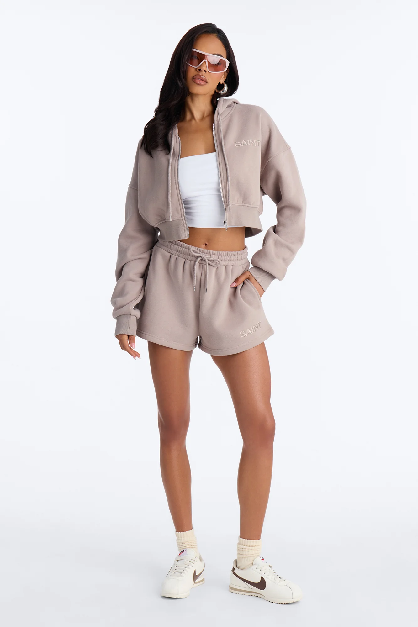 She's A Saint Cropped Fleece Short Set - Stone - Image 2