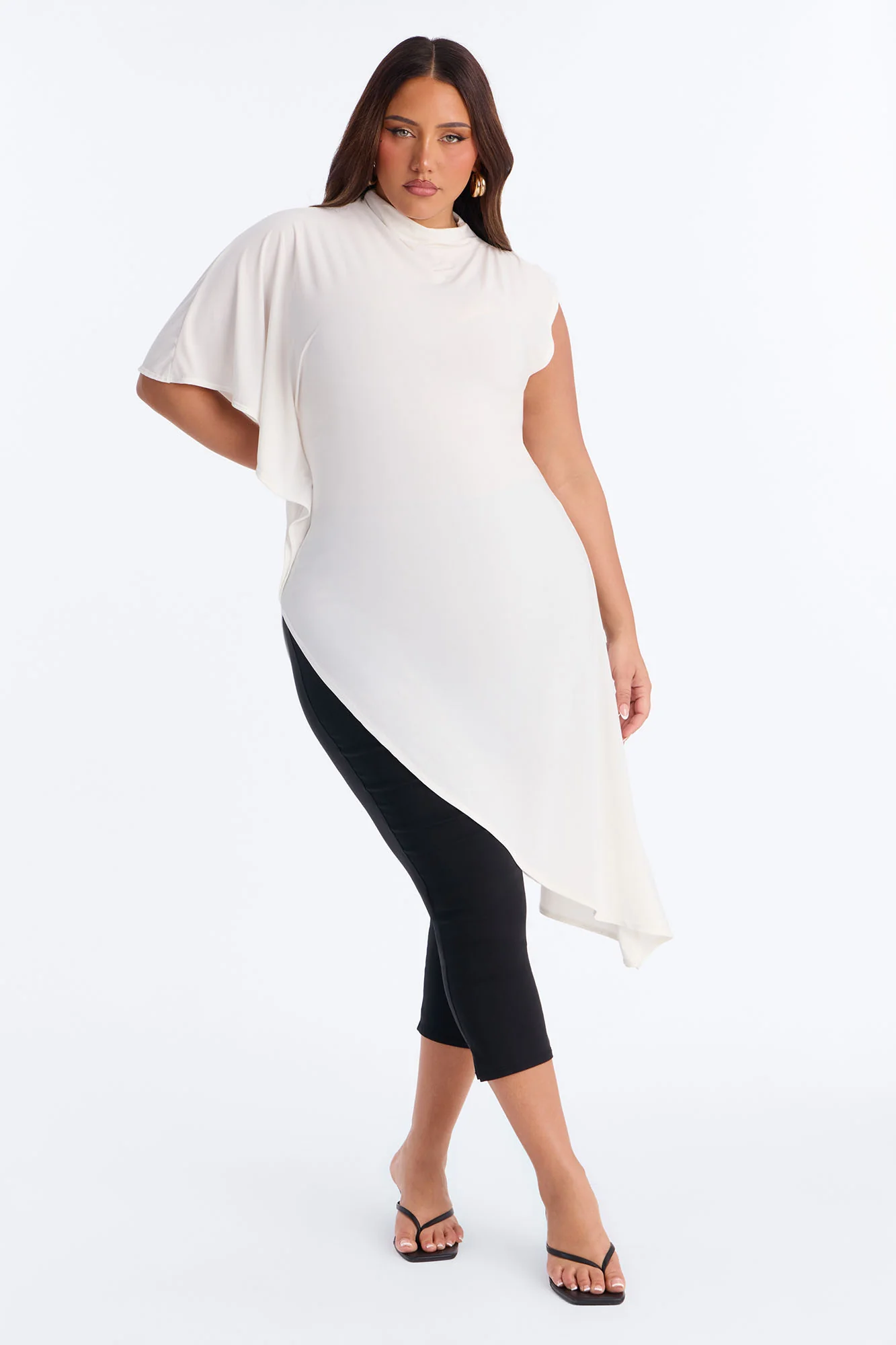 She's Divine Long Asymmetrical Short Sleeve Top - Cream - Image 5