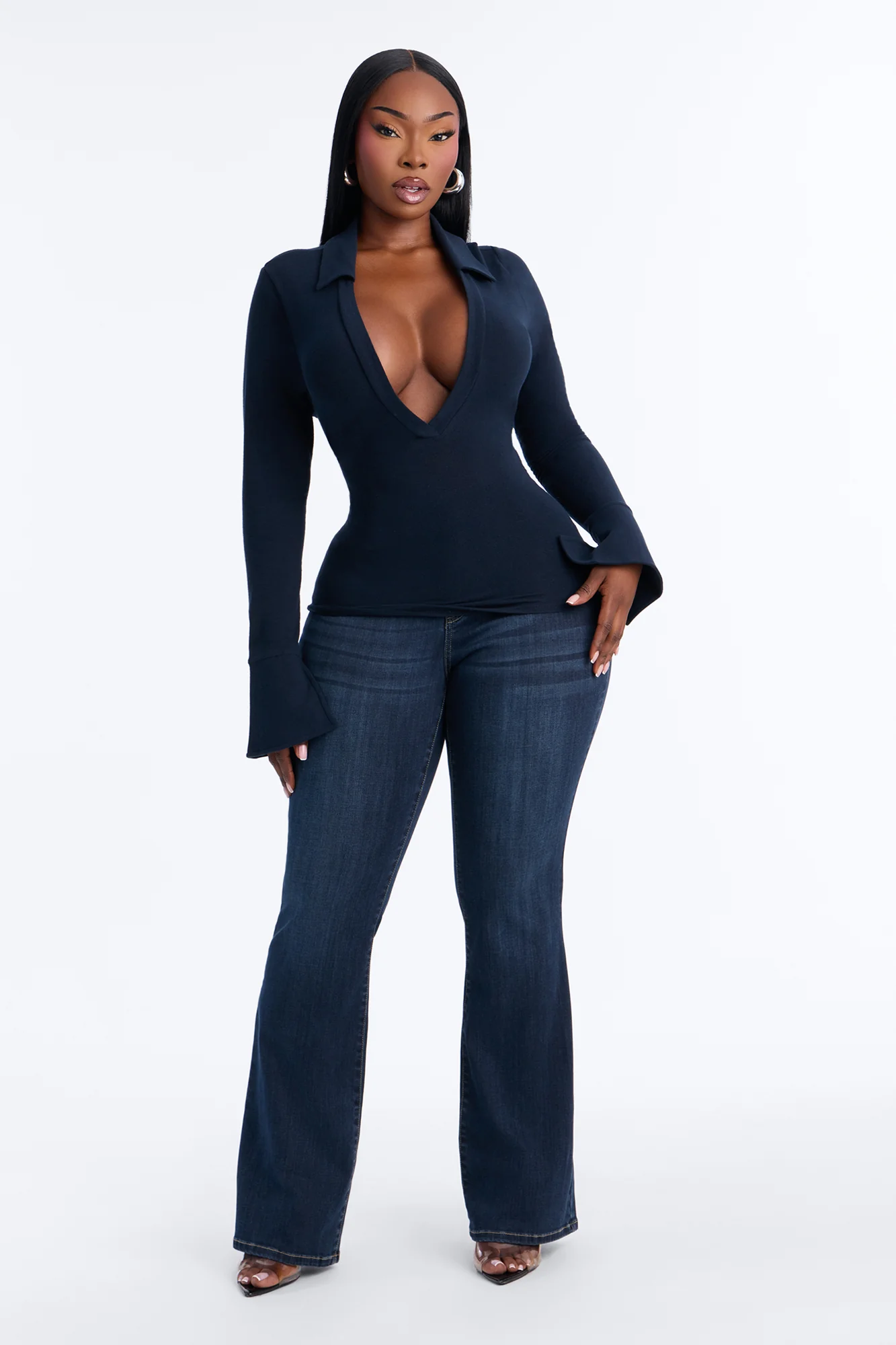 She's Focused Long Sleeve Collared Top - Navy - Image 2