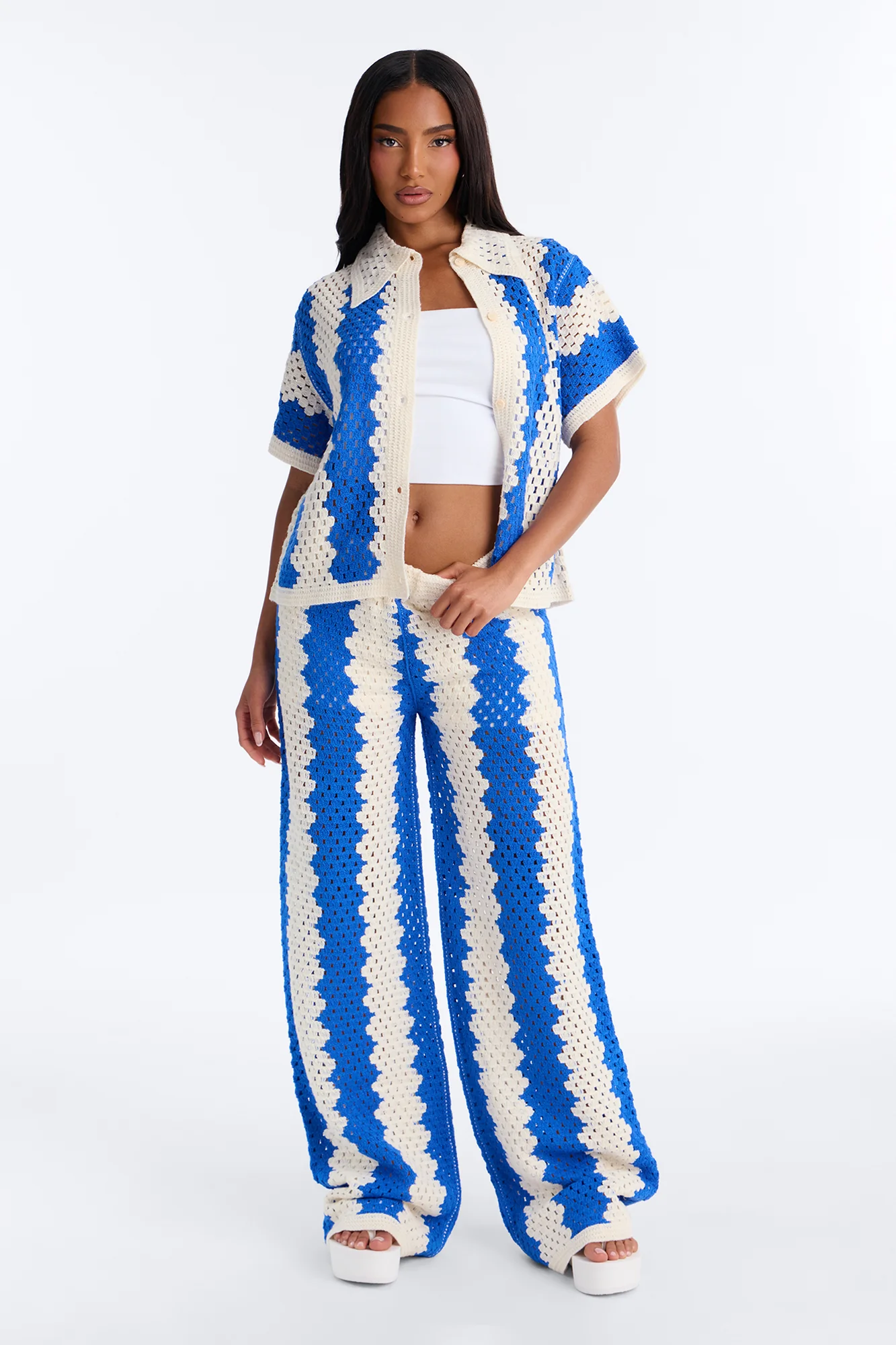 Shoreline Symphony Crochet Pant Set - Blue/combo