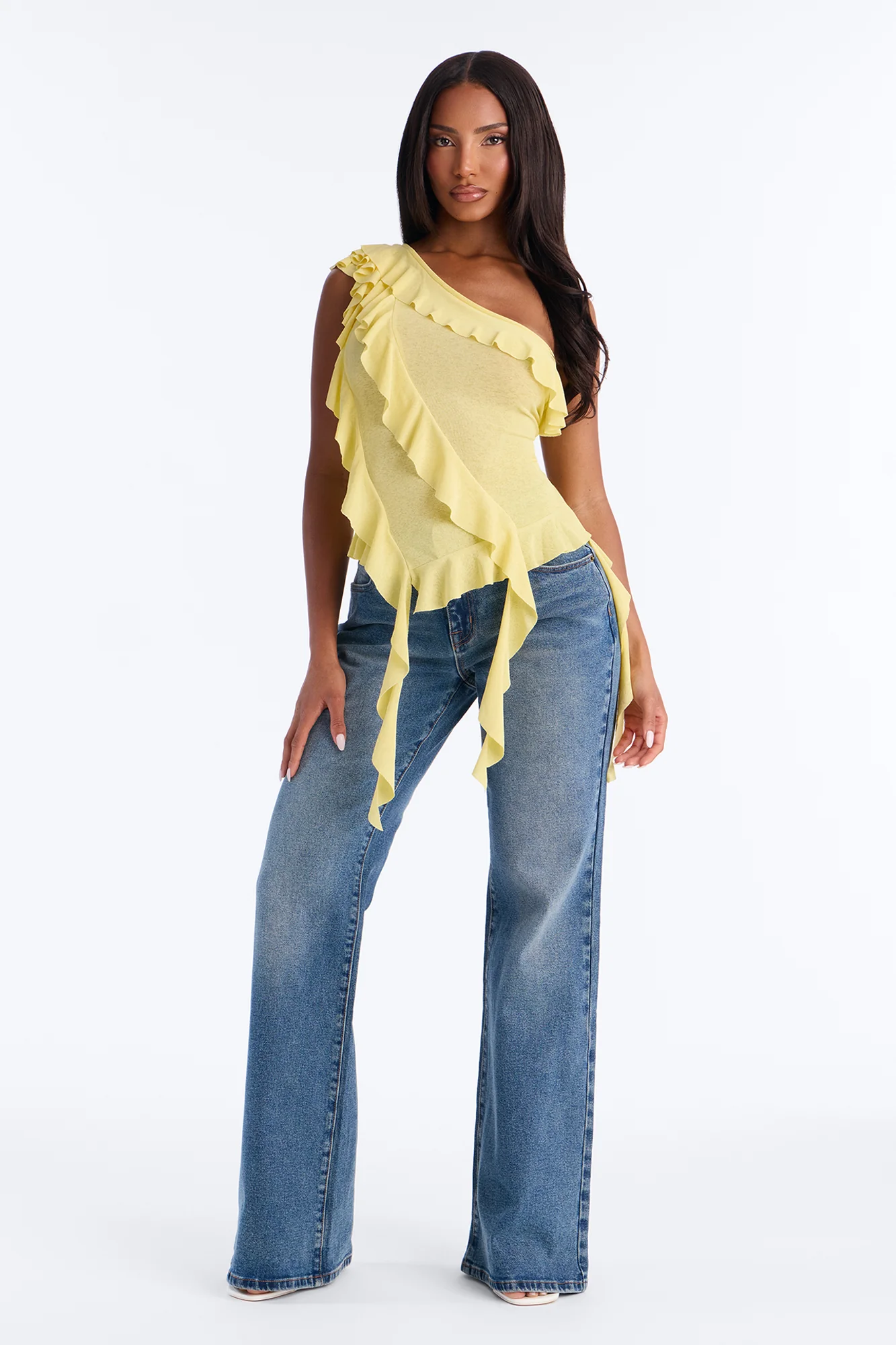 Sicily Ruffle One Shoulder Textured Top - Butter Yellow - Image 2