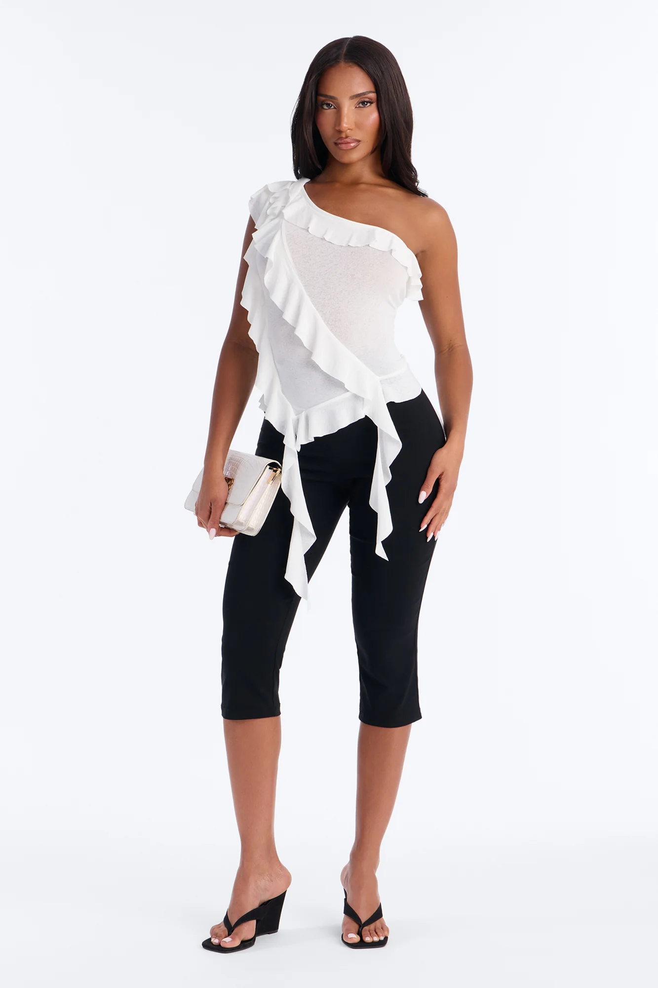 Sicily Ruffle One Shoulder Textured Top - White - Image 2
