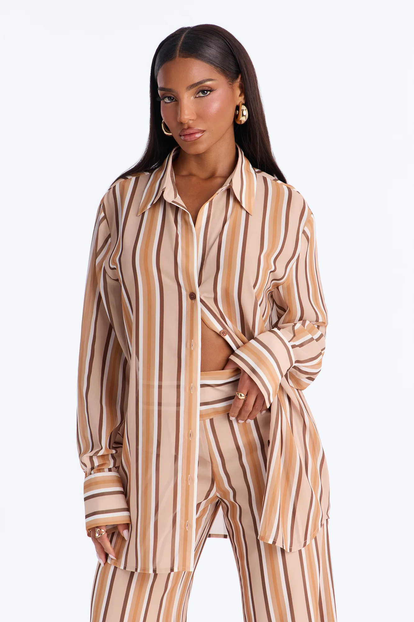 Simone Chiffon Stripe Pant Set - Orange/combo - Image 2