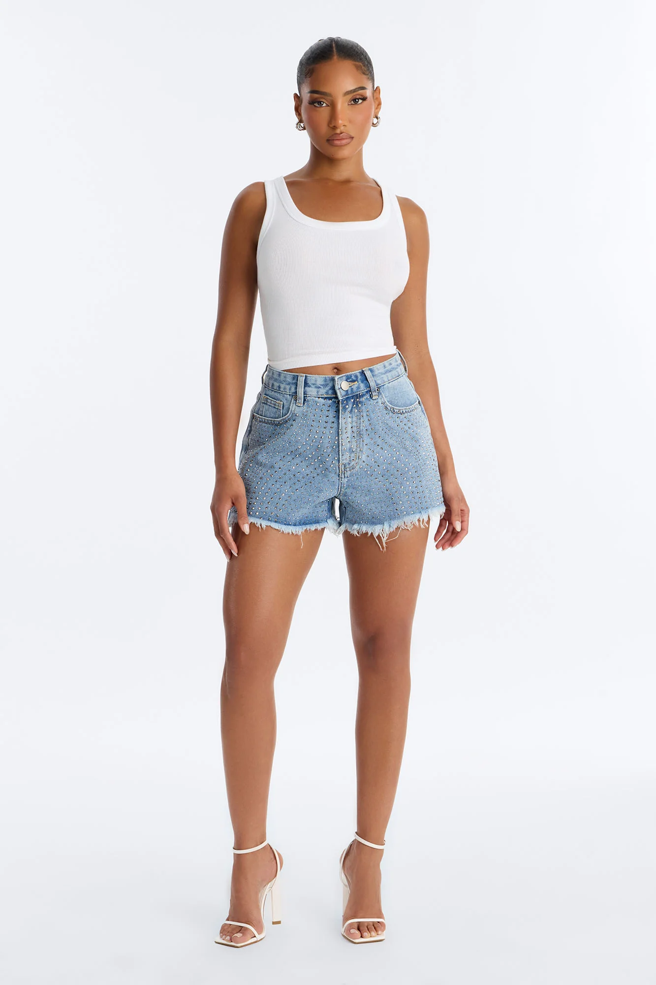 Simply Stunnin' Embellished Cut Off Denim Shorts - Medium Wash - Image 2