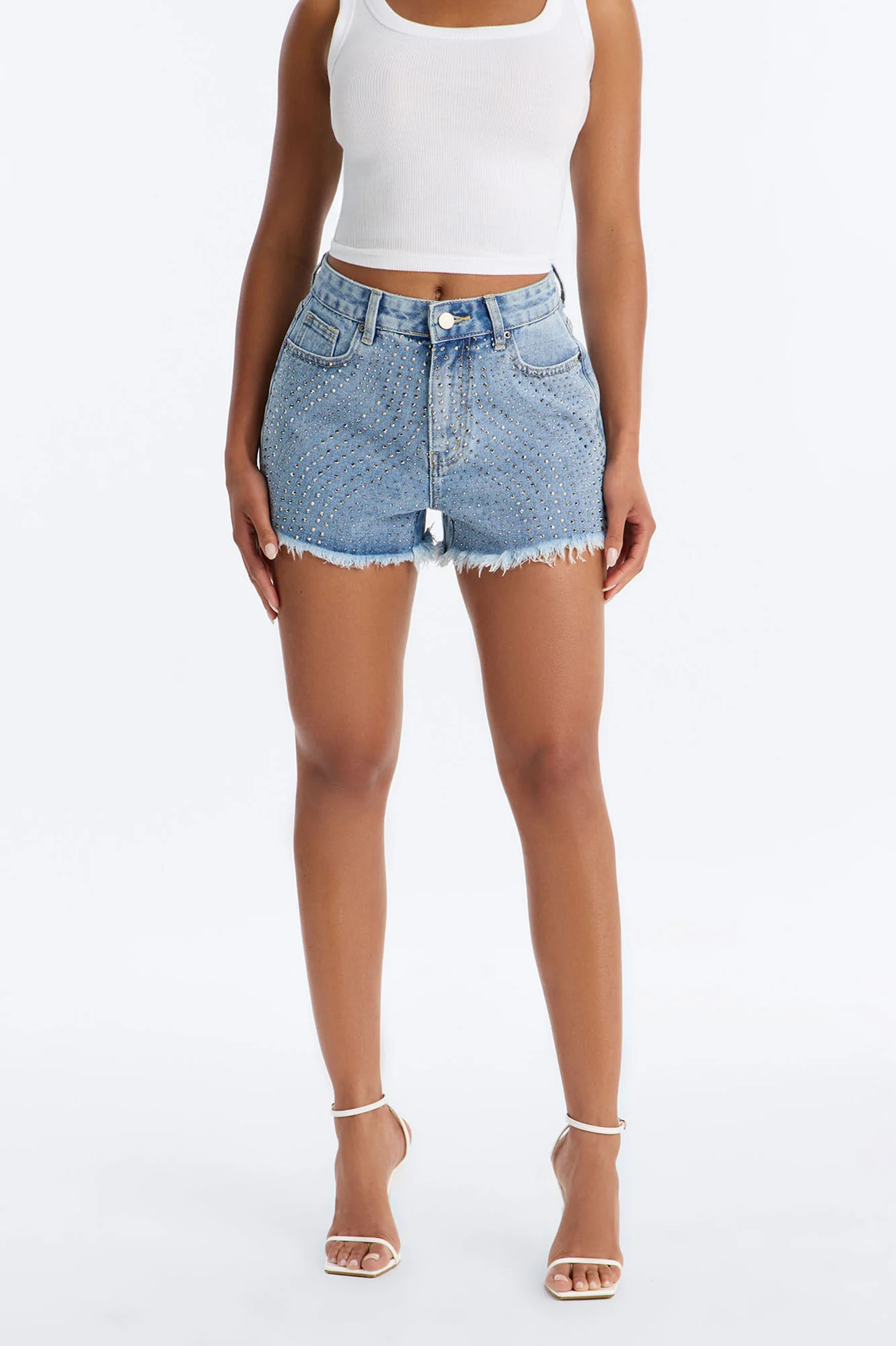 Simply Stunnin' Embellished Cut Off Denim Shorts - Medium Wash - Image 3