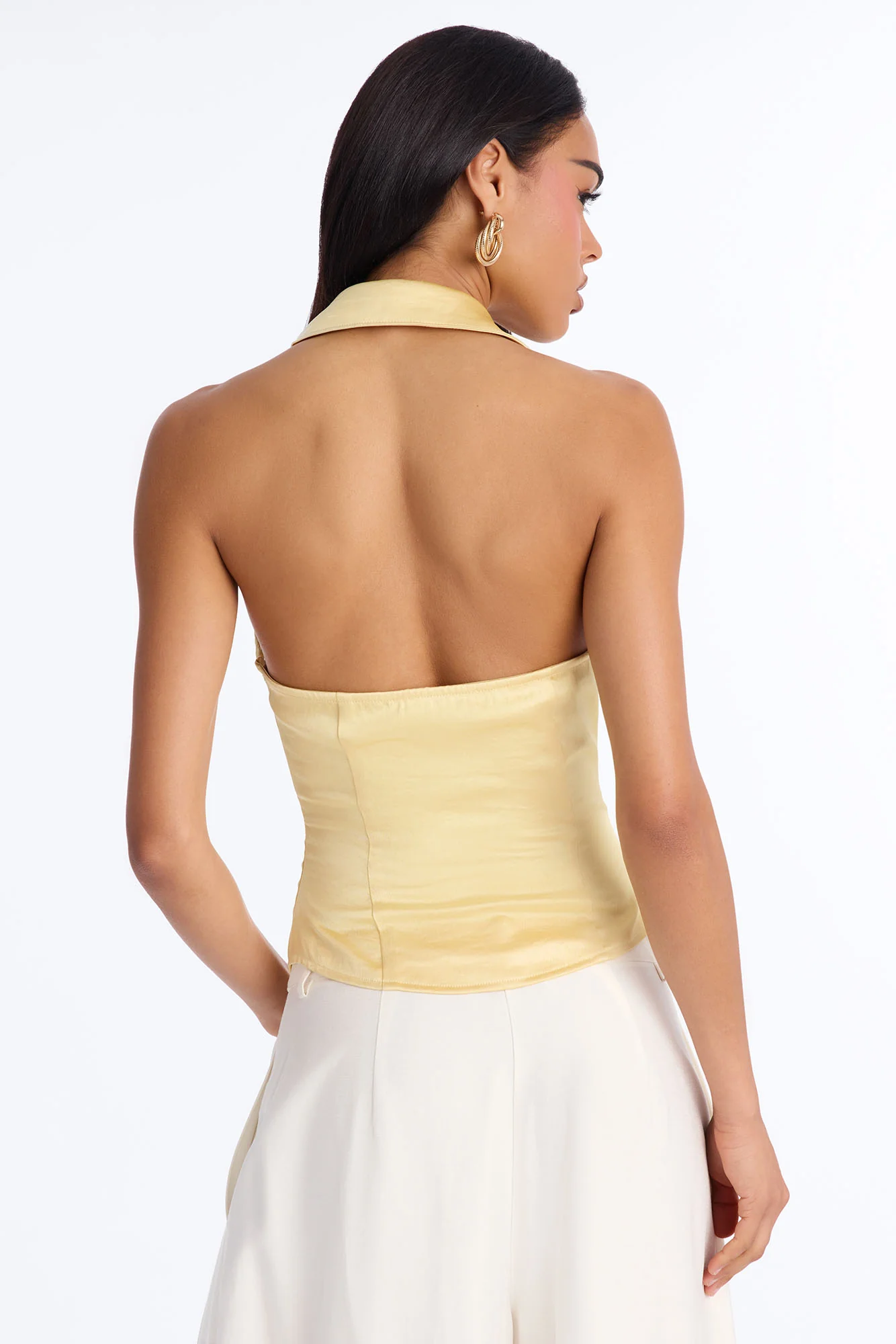 Simply That Girl Lace Up Satin Halter Top - Yellow - Image 4