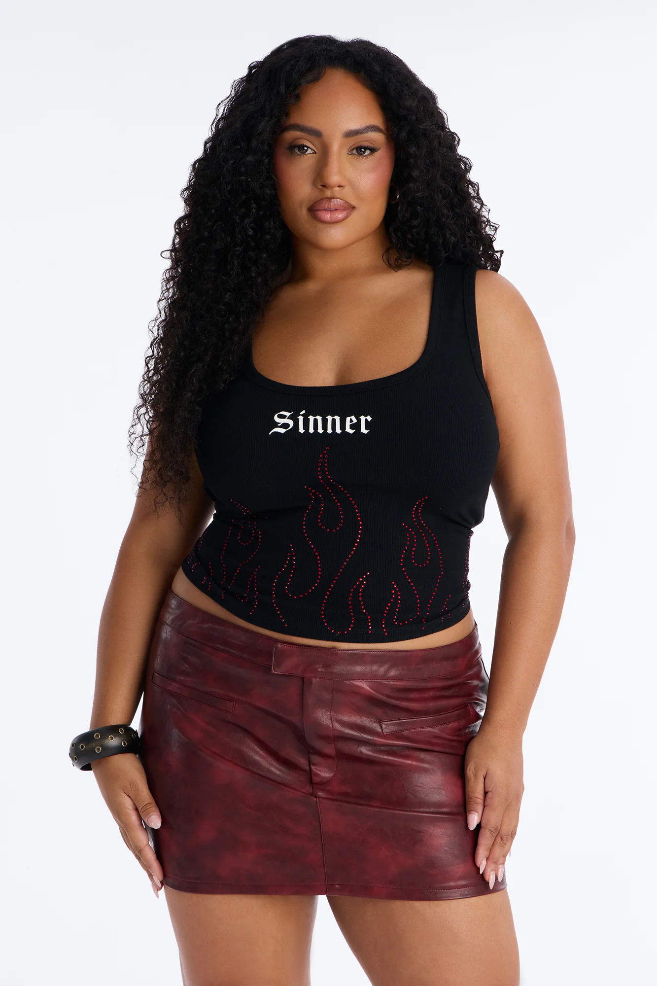 Sinner Rhinestone Flame Tank Top - Black - Image 5