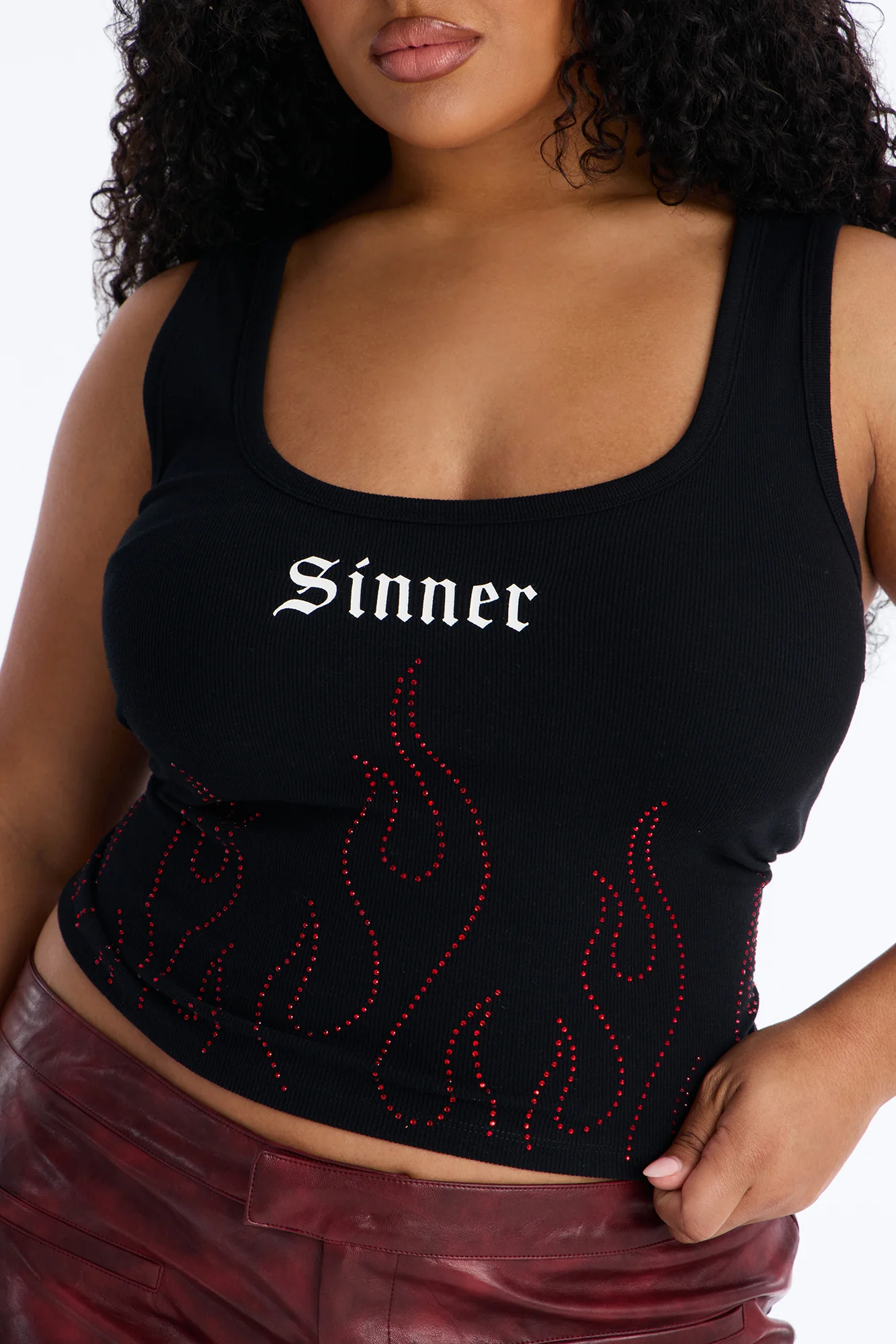 Sinner Rhinestone Flame Tank Top - Black - Image 7