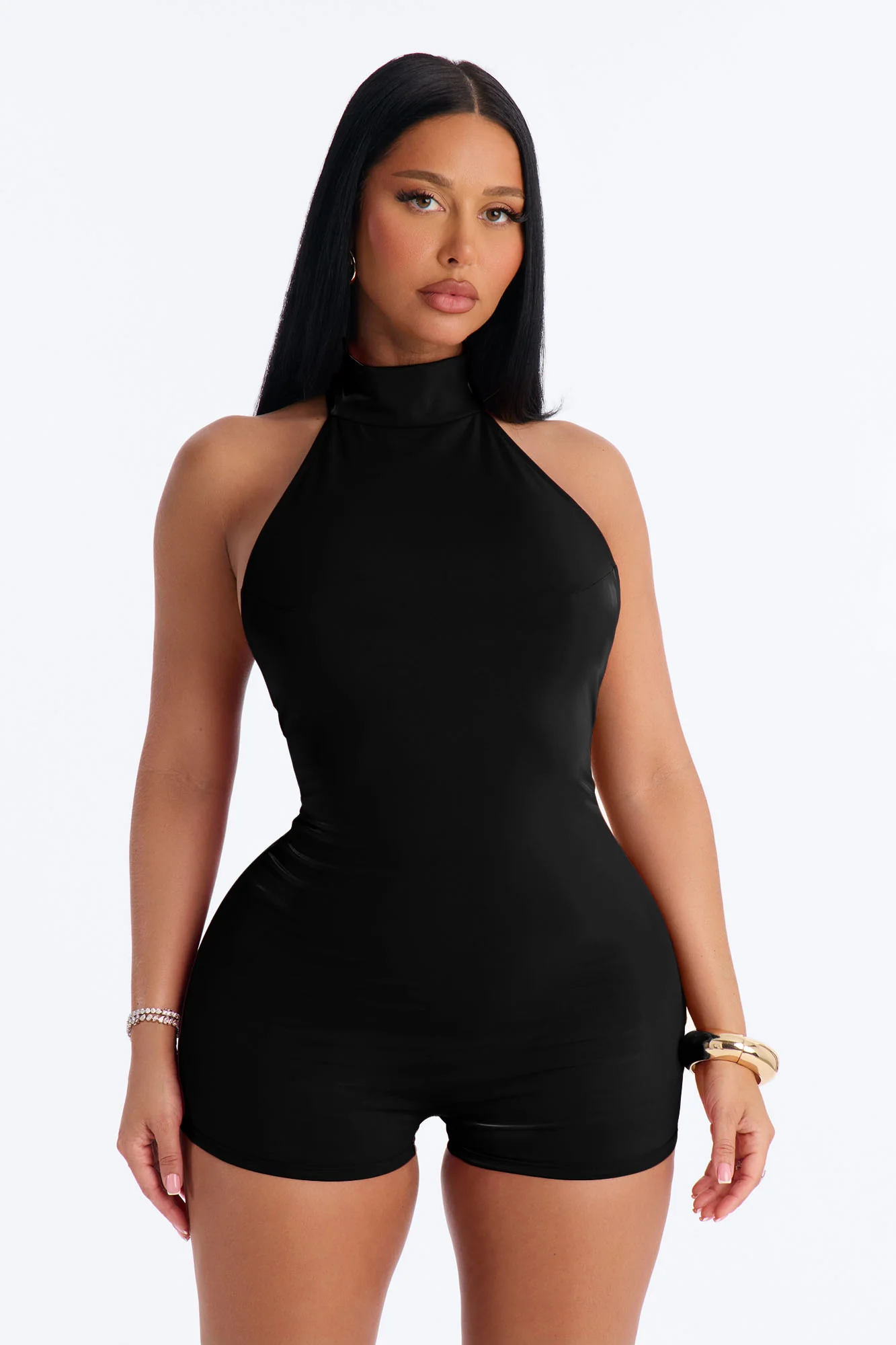 Sleek Seduction Backless Coated Romper - Black