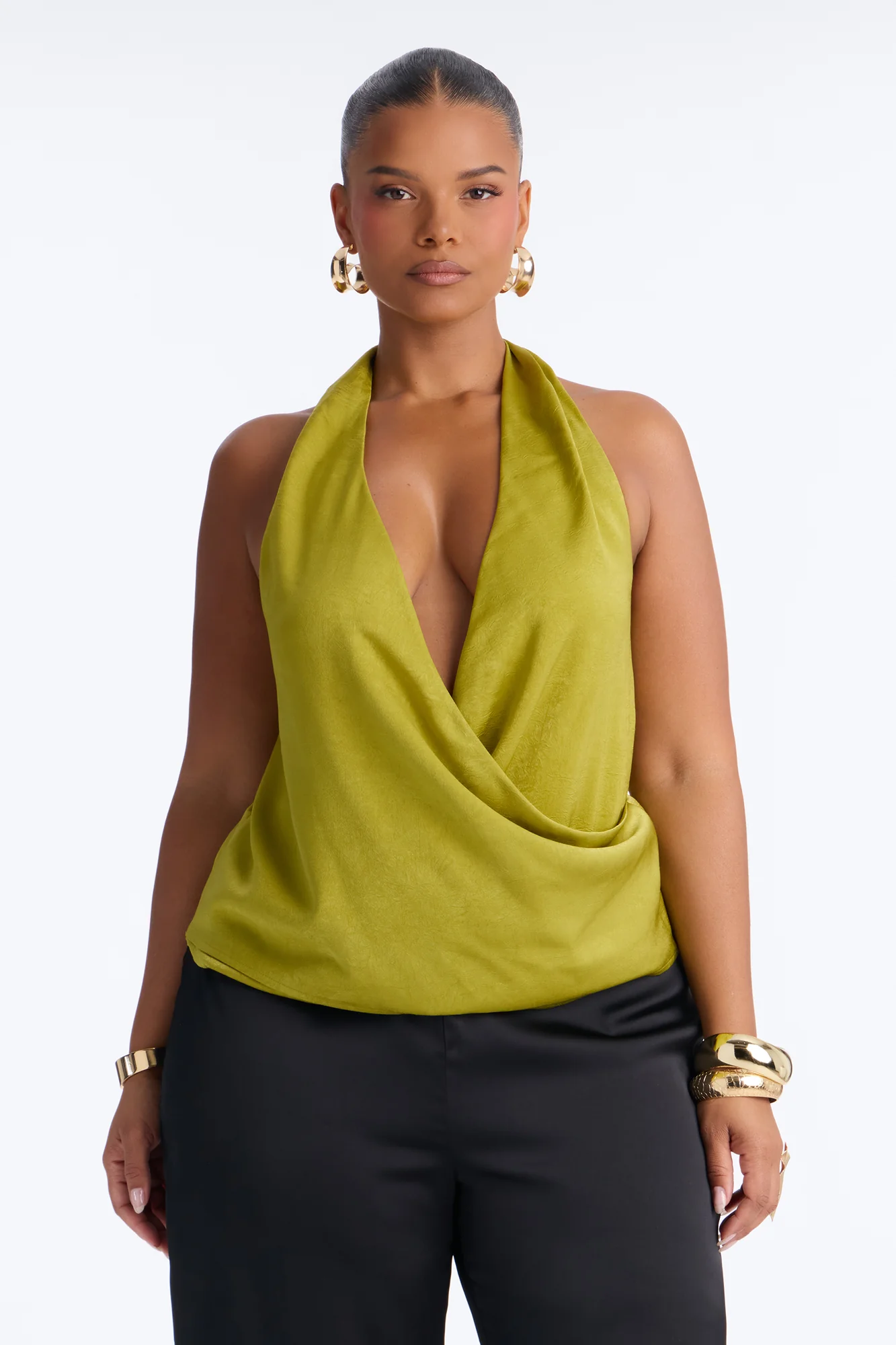 Slightly Chaotic Surplice Neck Satin Halter Top - Chartreuse - Image 6