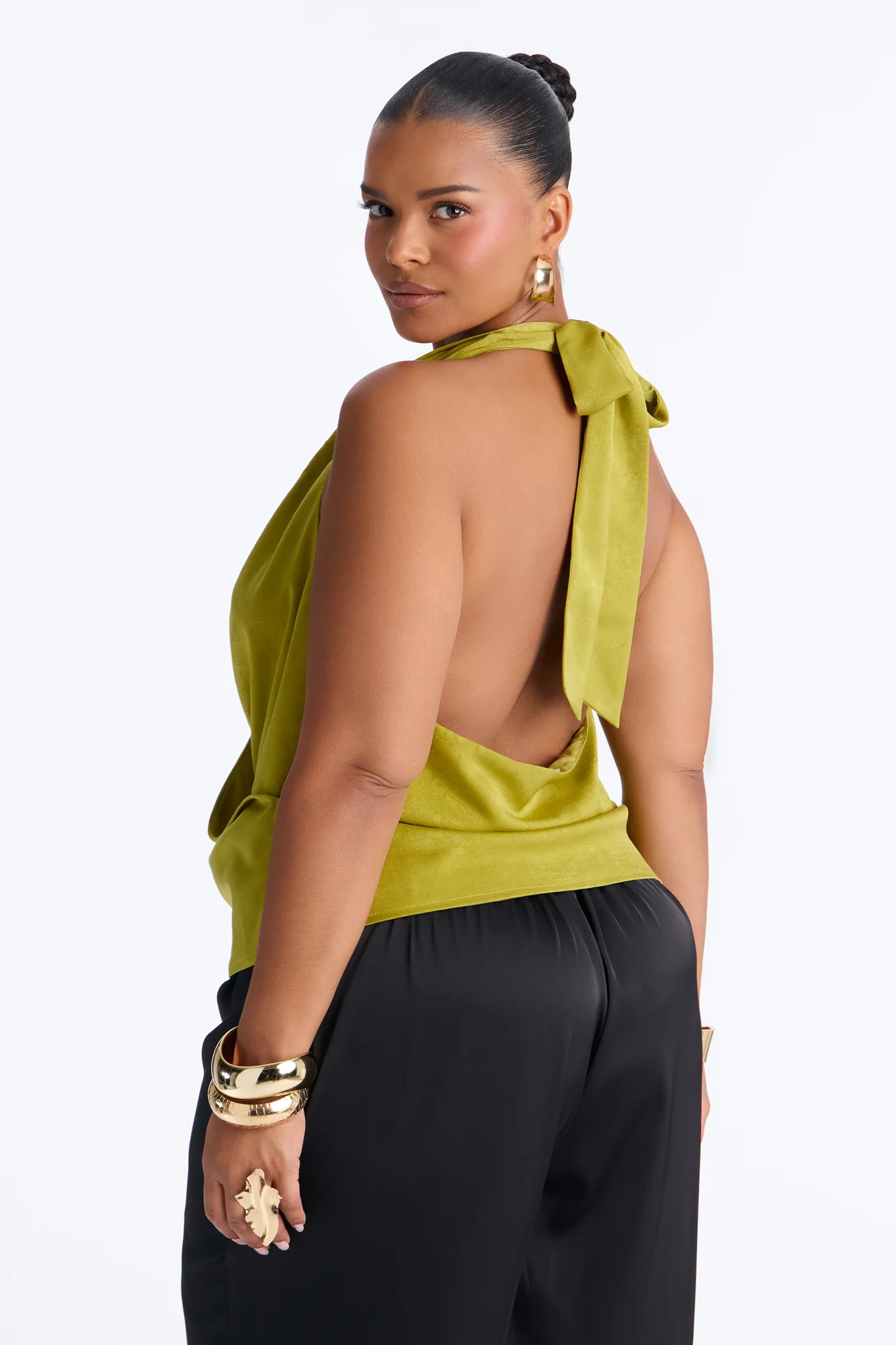 Slightly Chaotic Surplice Neck Satin Halter Top - Chartreuse - Image 8