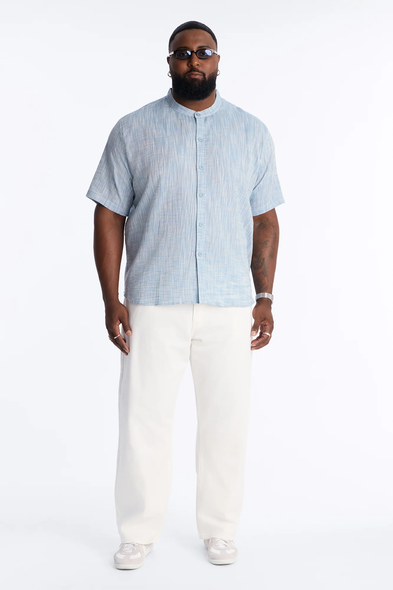 Slub Texture Cuban Collar Button Up Shirt - Blue