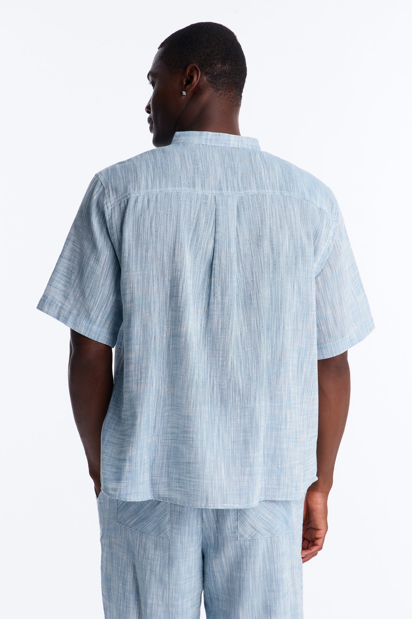 Slub Texture Cuban Collar Button Up Shirt - Blue - Image 8