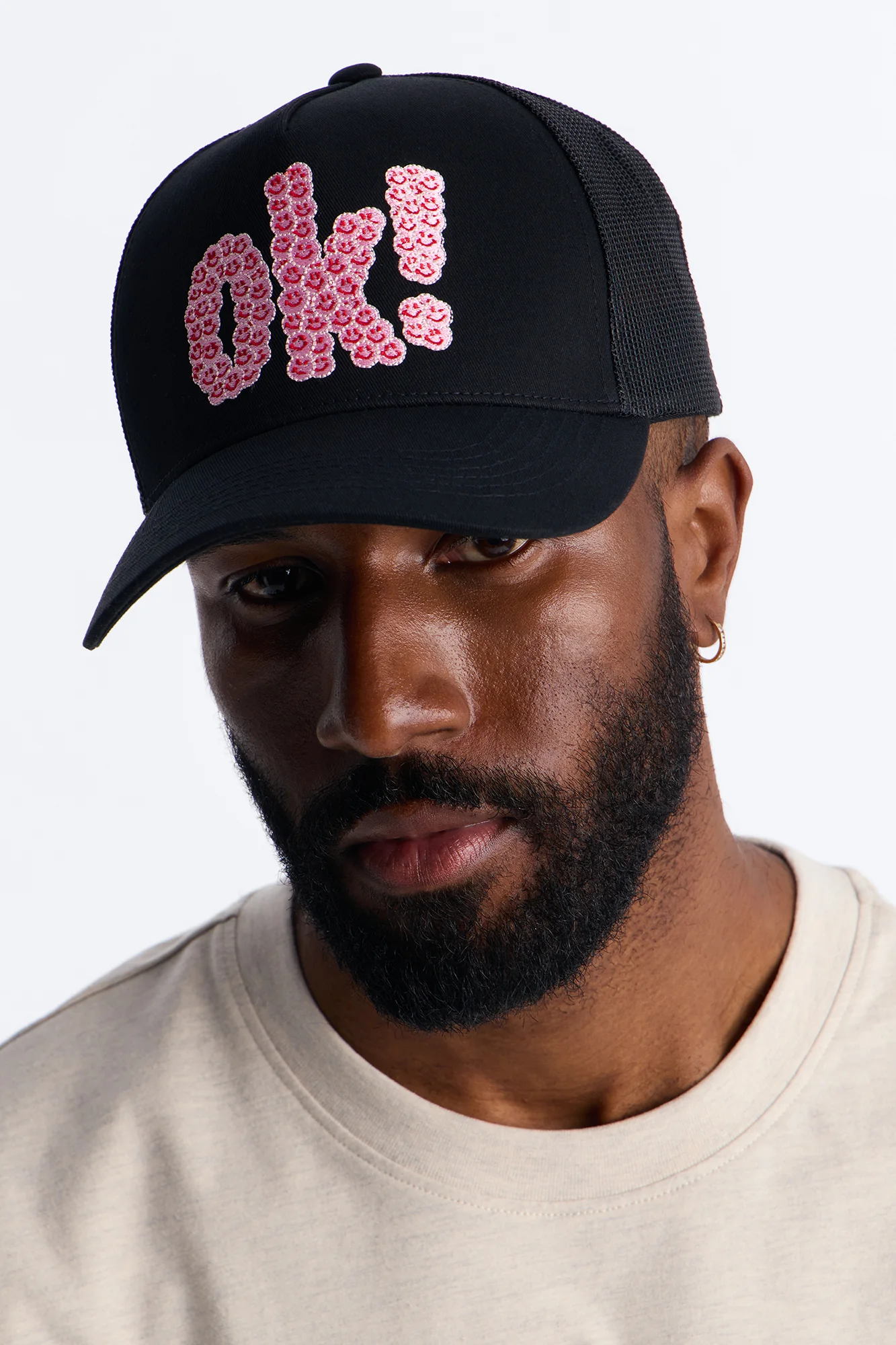Smiling Ok Patch Snapback Trucker Hat - Black - Image 2