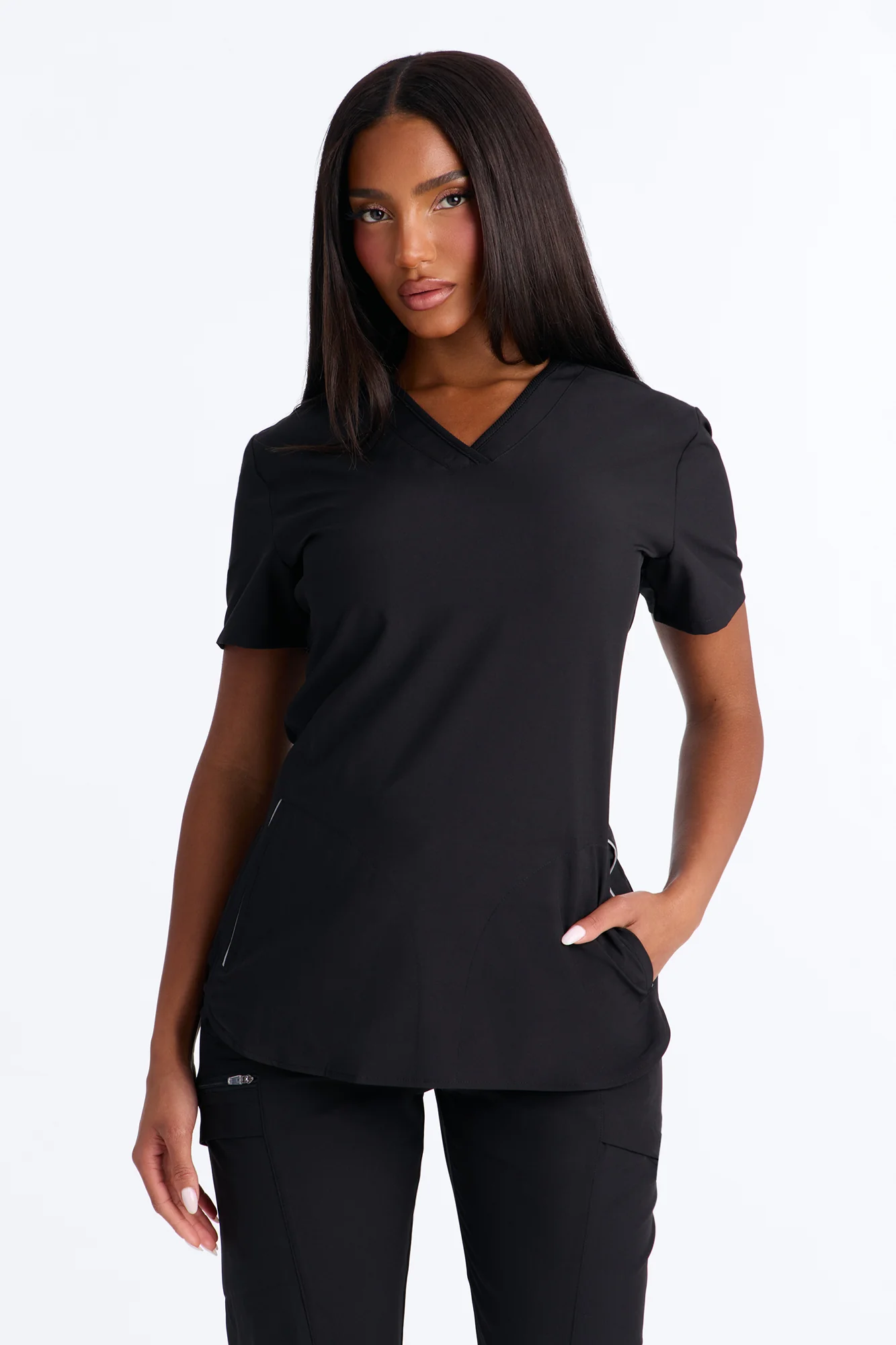 Smooth Form Reflective Piping Uniform Scrub Top - Black - Image 2