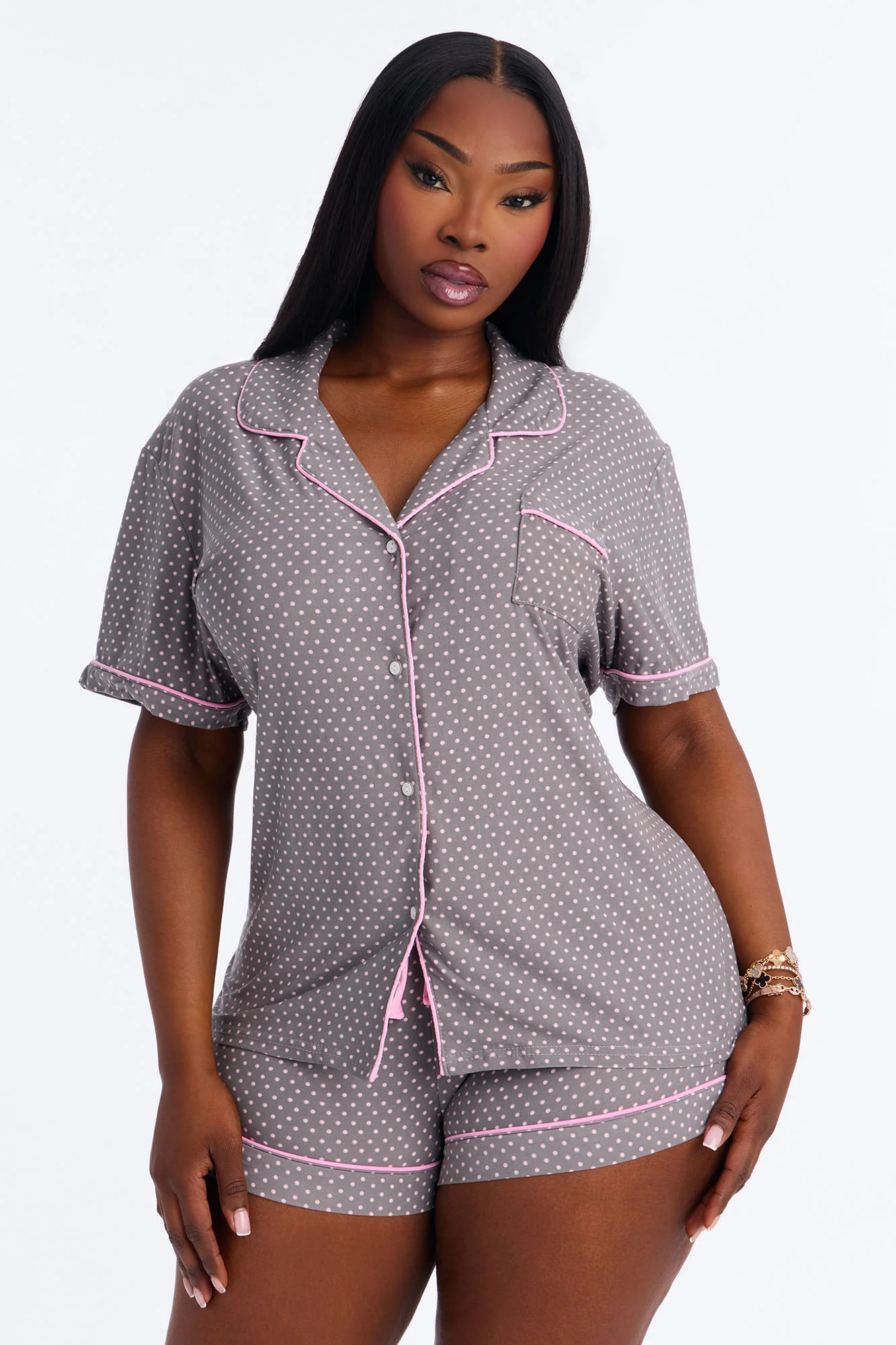 Snuggle All Night Button Up PJ Short Set - Heather Grey - Image 5