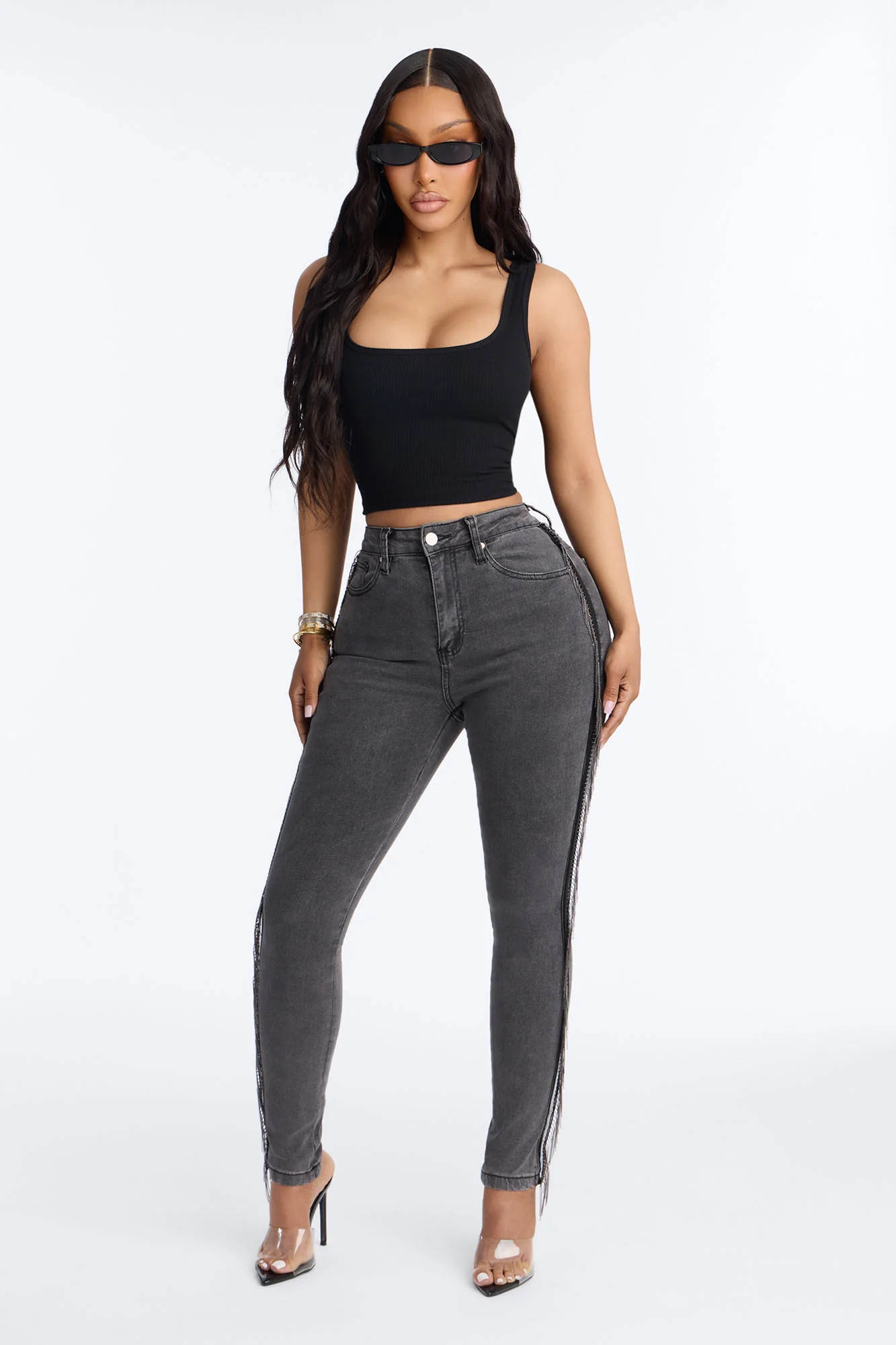 Social Club Fringe Stretch High Rise Skinny Jeans - Black Wash - Image 2