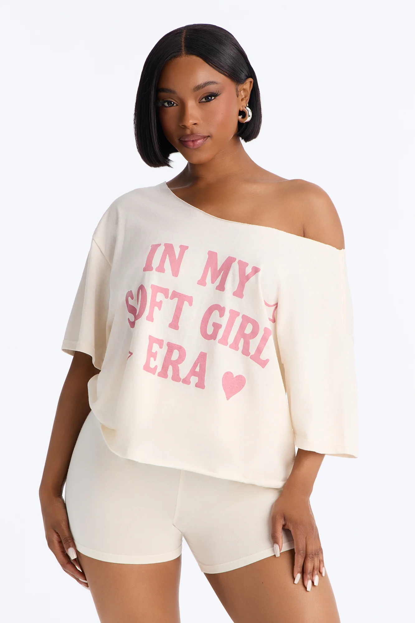 Soft Girl Era Off Shoulder Tee - Cream
