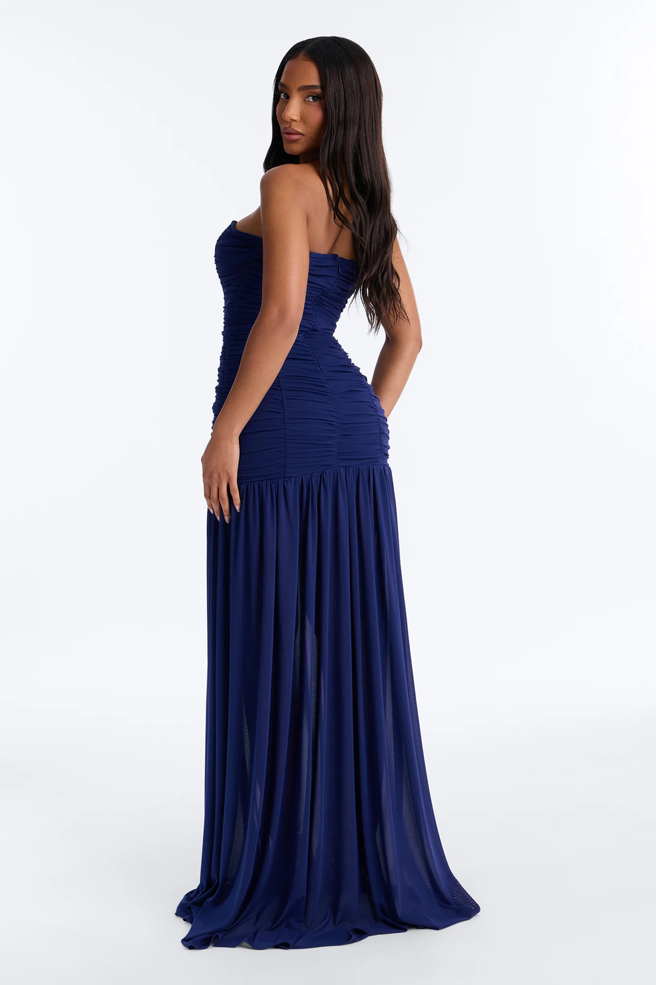 Soft Glam Ruched Mesh Gown - Navy - Image 4