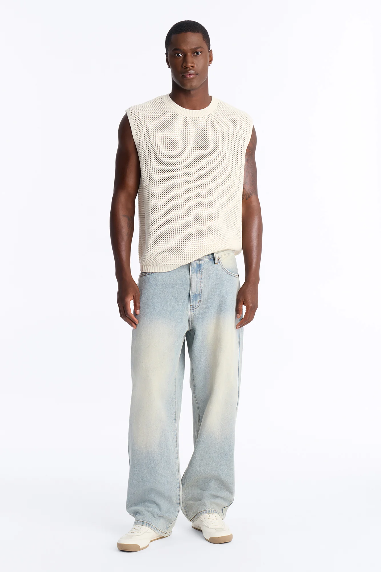 Soft Mode Relaxed Open Knit Muscle Tee - Cream - Image 2