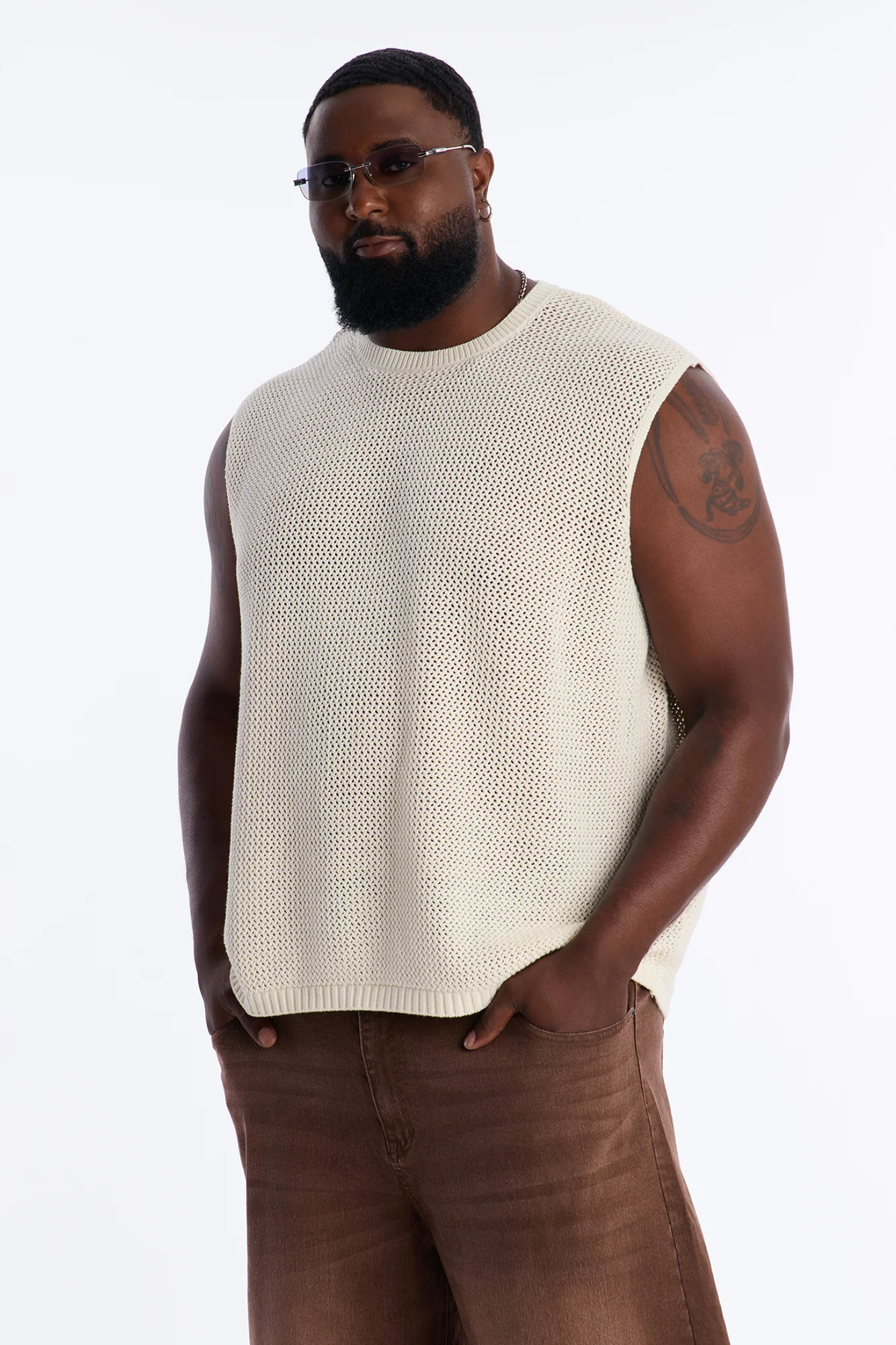 Soft Mode Relaxed Open Knit Muscle Tee - Cream - Image 5