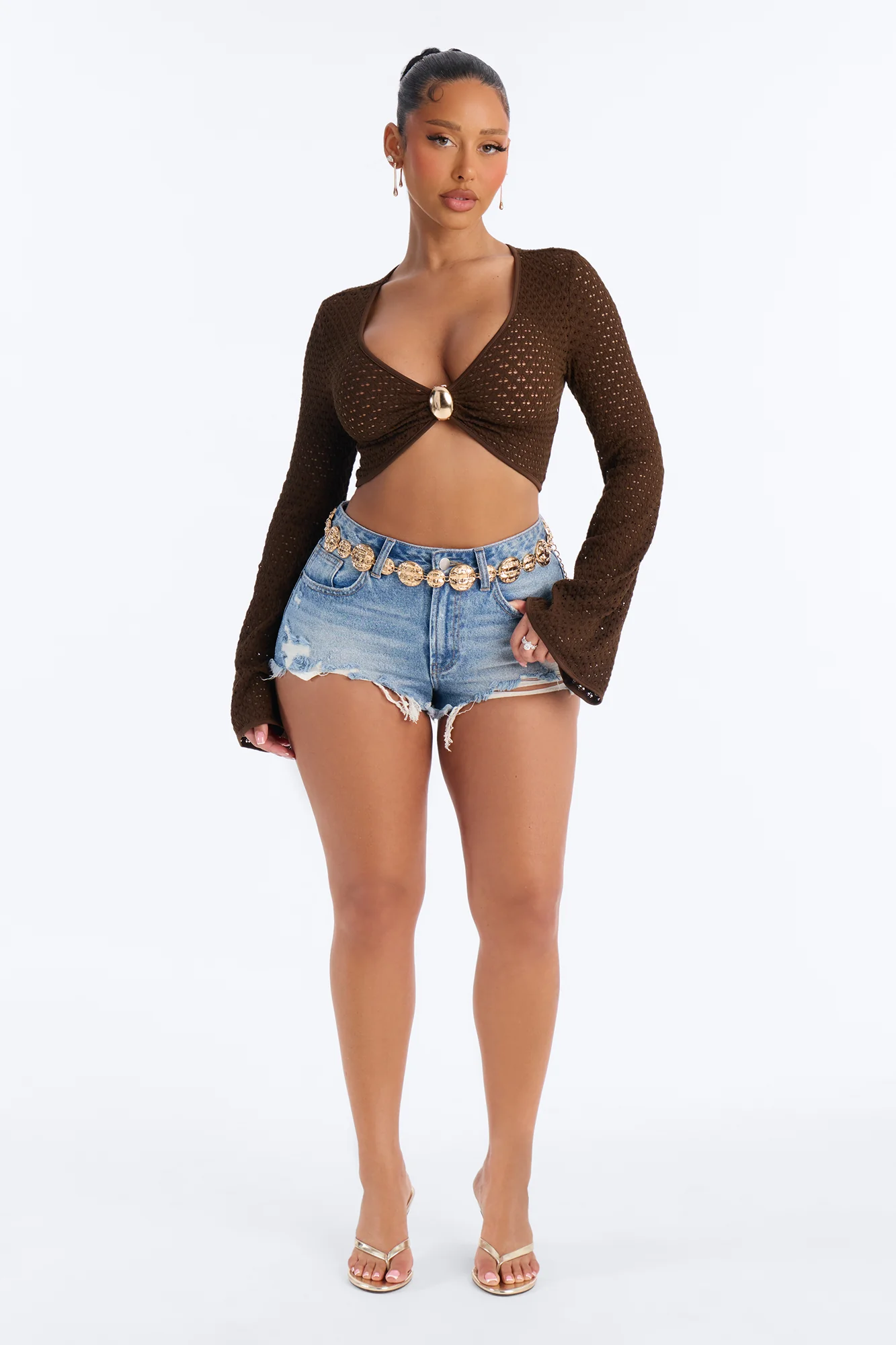 Soft Sands Textured Cropped Long Sleeve Top - Brown - Image 2