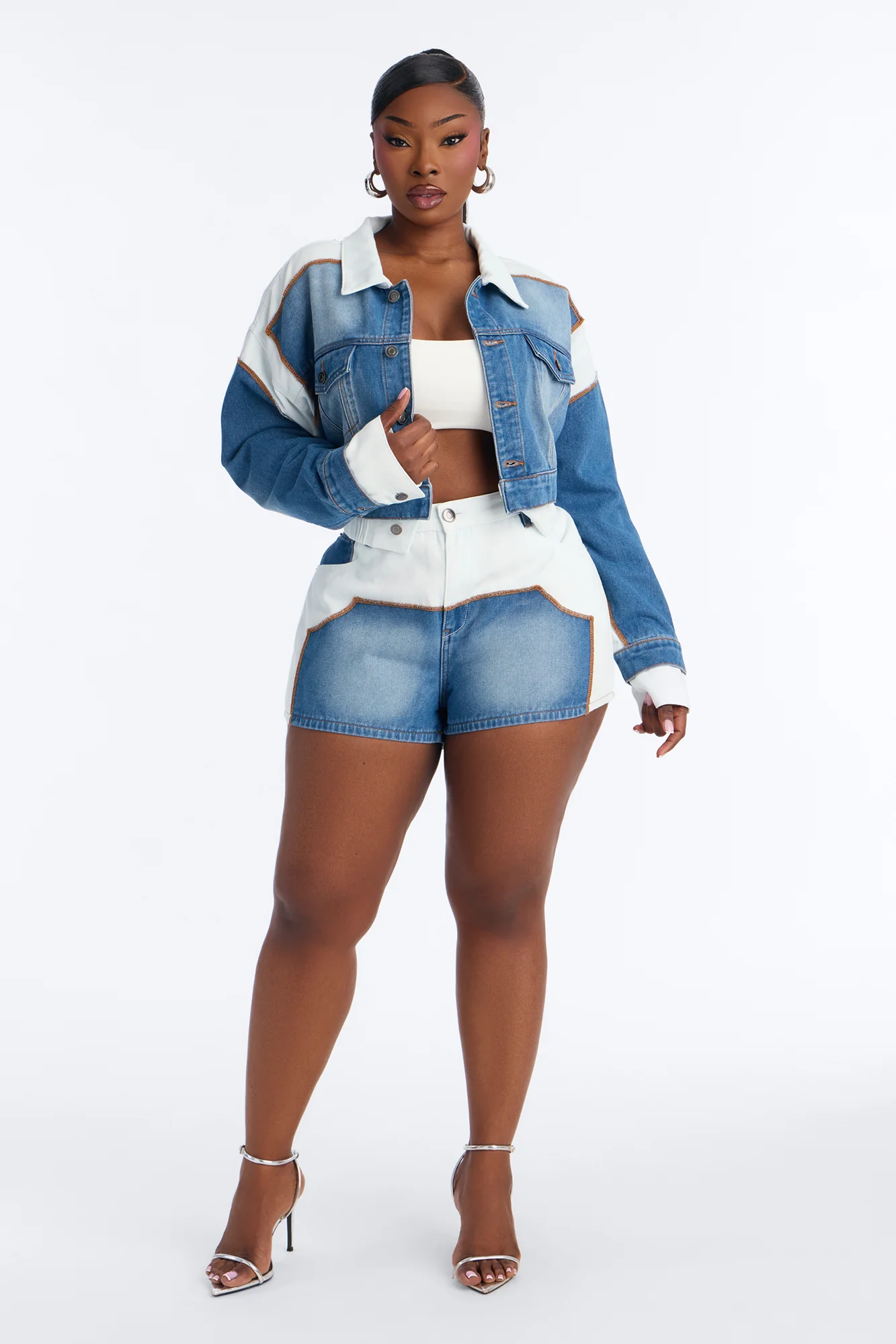Soho Layered Denim Jacket And Short Set - Medium Blue Wash - Image 6