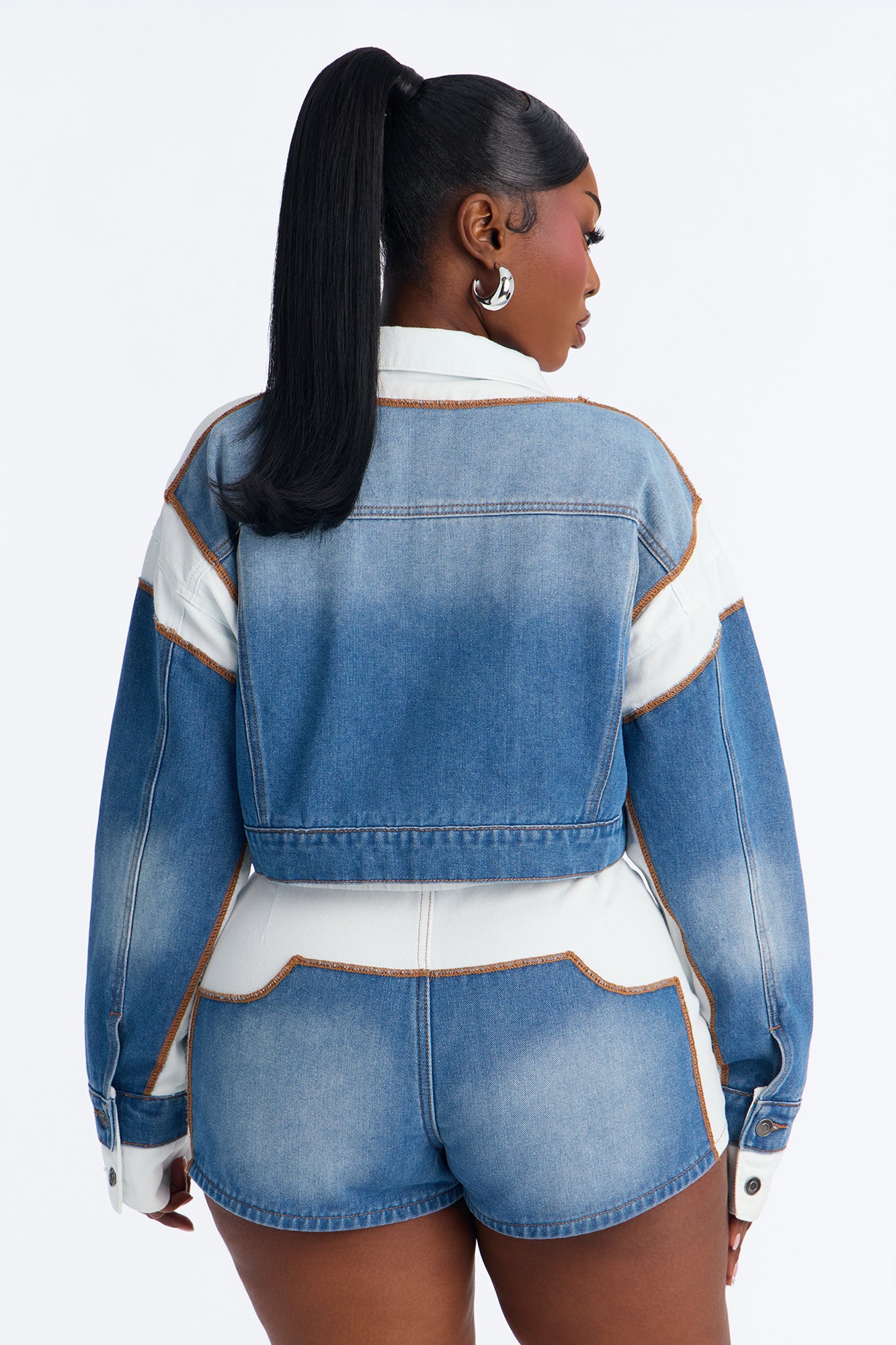 Soho Layered Denim Jacket And Short Set - Medium Blue Wash - Image 7