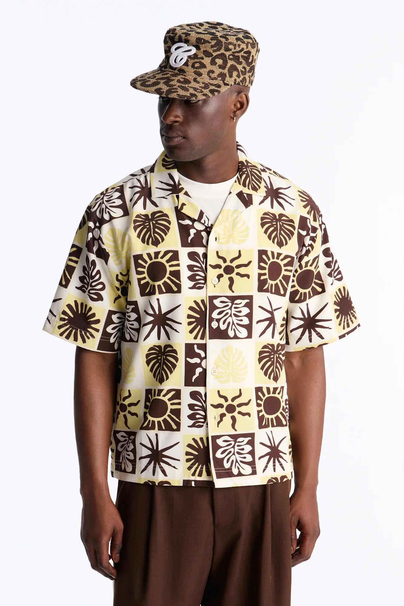 Solar Foliage Checkered Cuban Collar Shirt - Brown