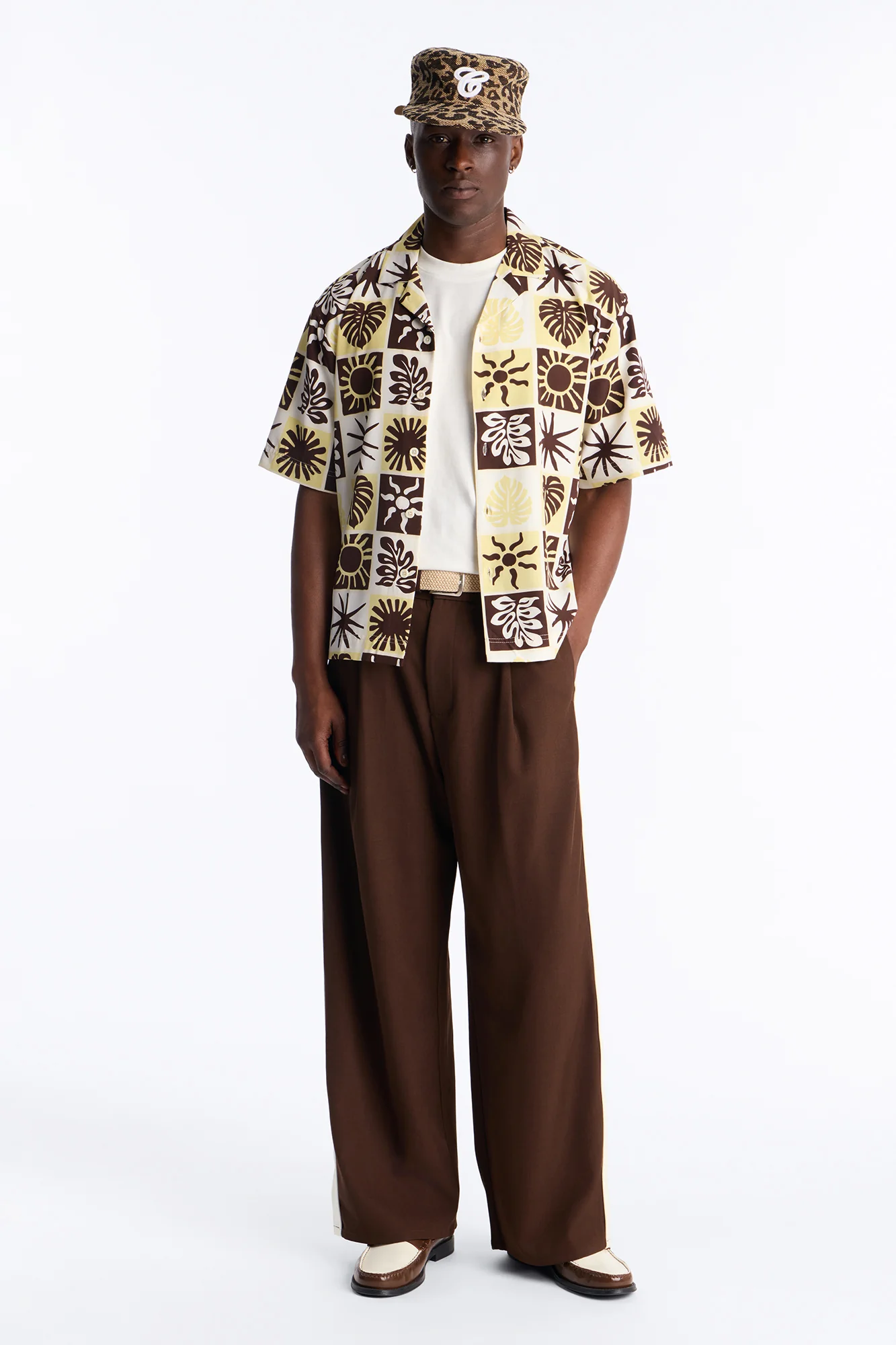 Solar Foliage Checkered Cuban Collar Shirt - Brown - Image 2