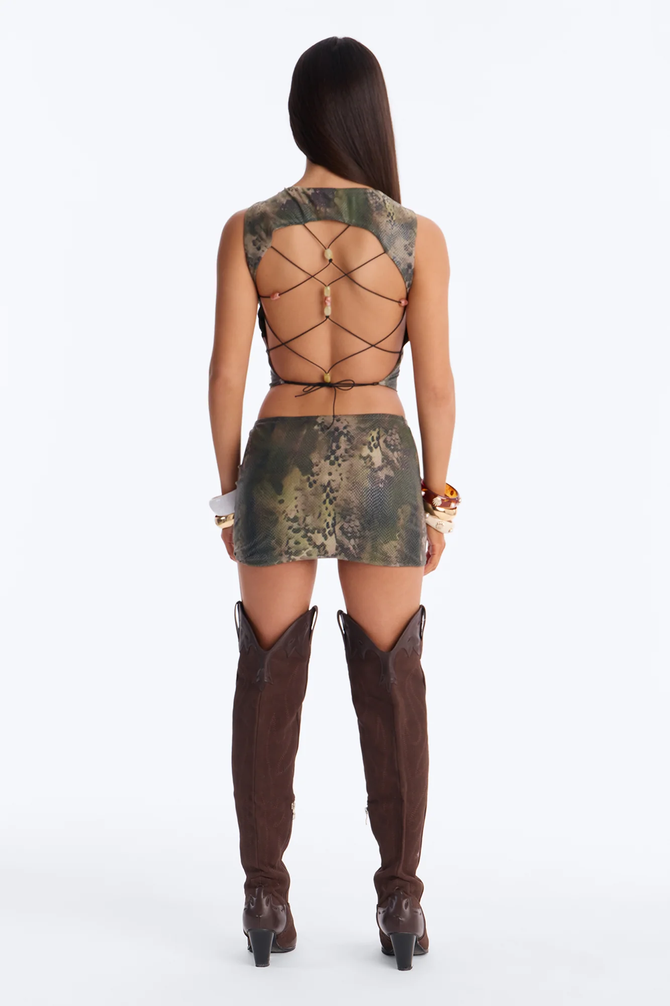 Solene Beaded Lace Up Back Skirt Set - Olive/combo - Image 4