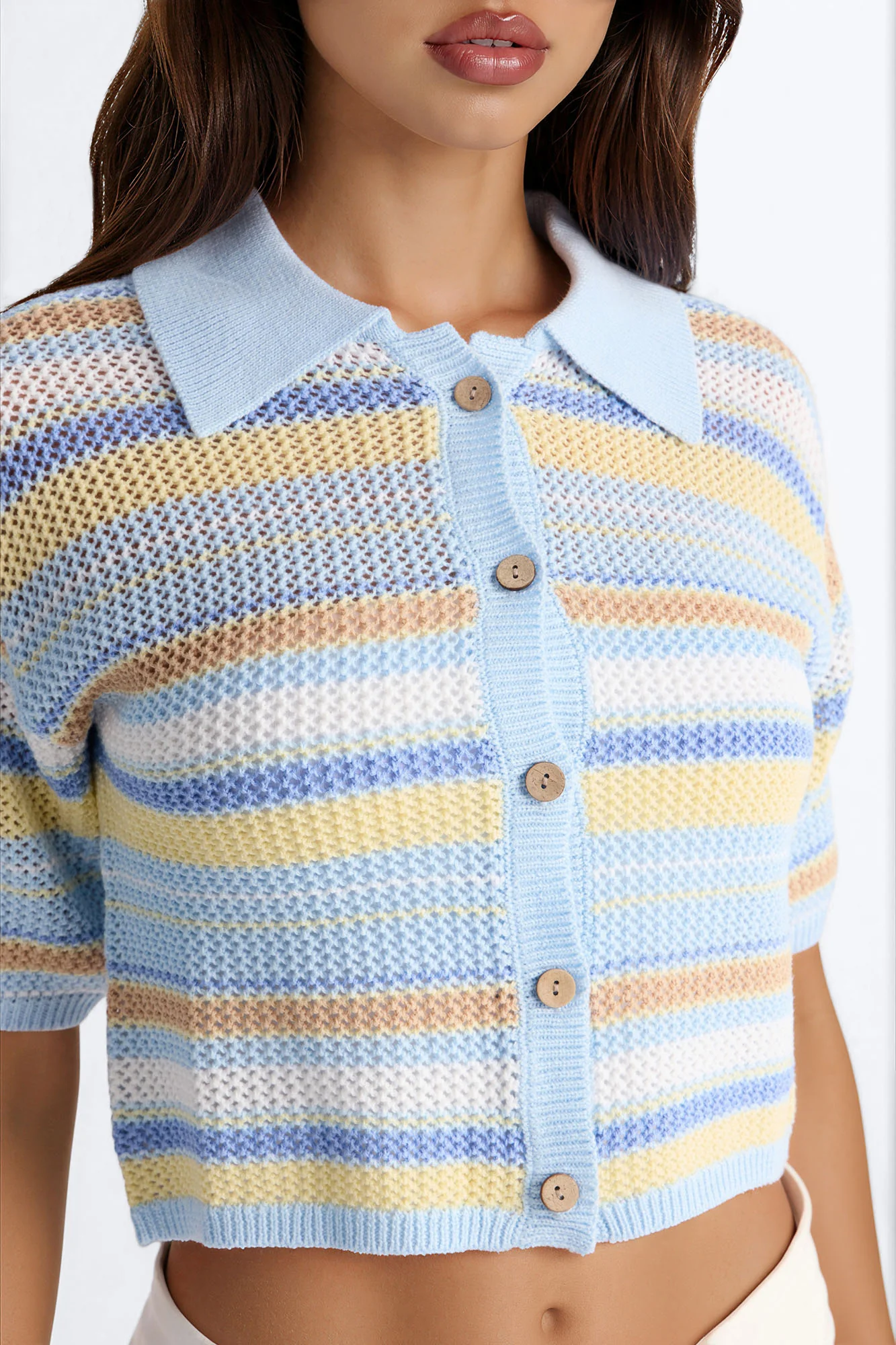 Solvita Striped Button Front Collared Crochet Top - Blue/combo - Image 3