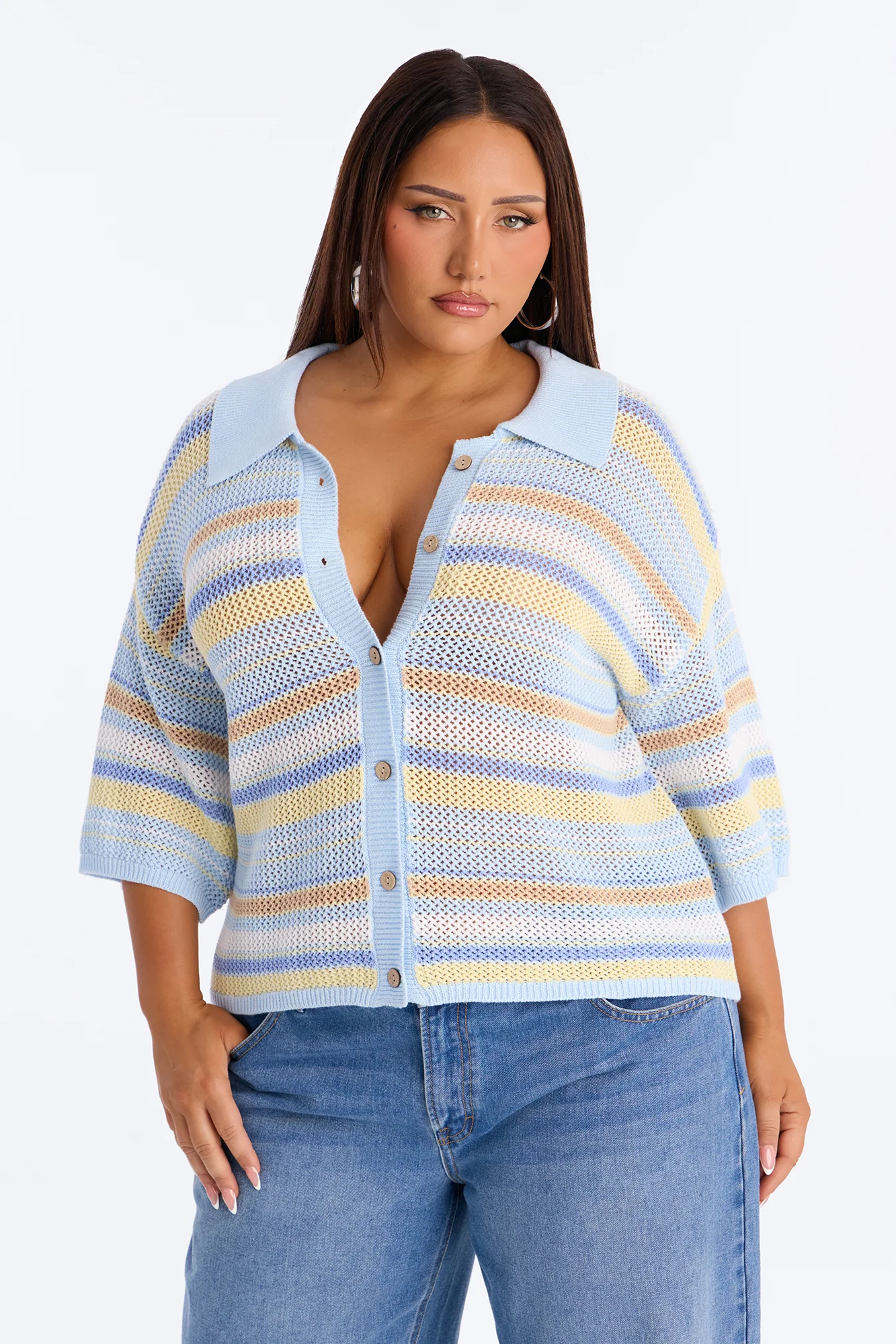 Solvita Striped Button Front Collared Crochet Top - Blue/combo - Image 4