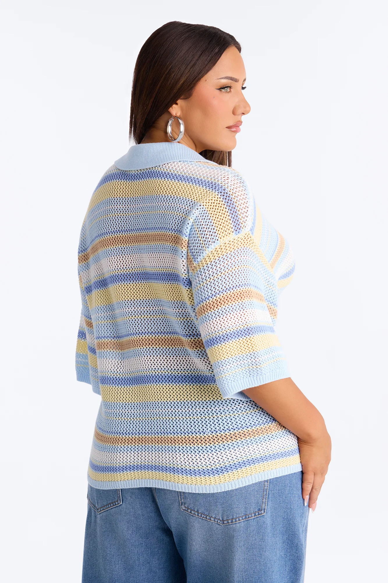 Solvita Striped Button Front Collared Crochet Top - Blue/combo - Image 7