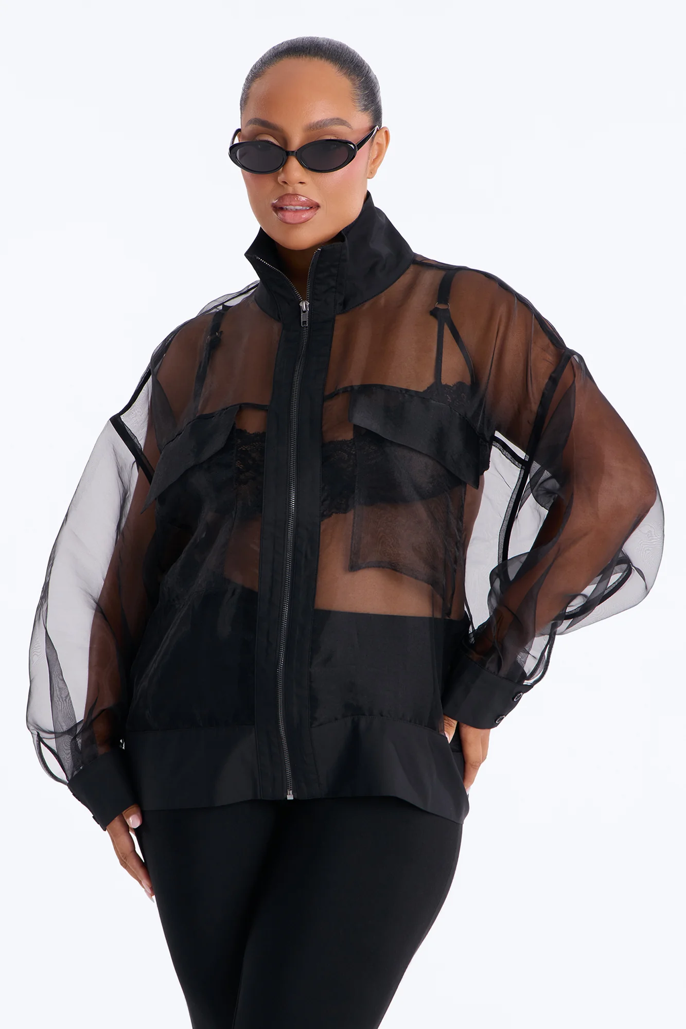 Something To Prove Sheer Organza Bomber Jacket - Black - Image 5