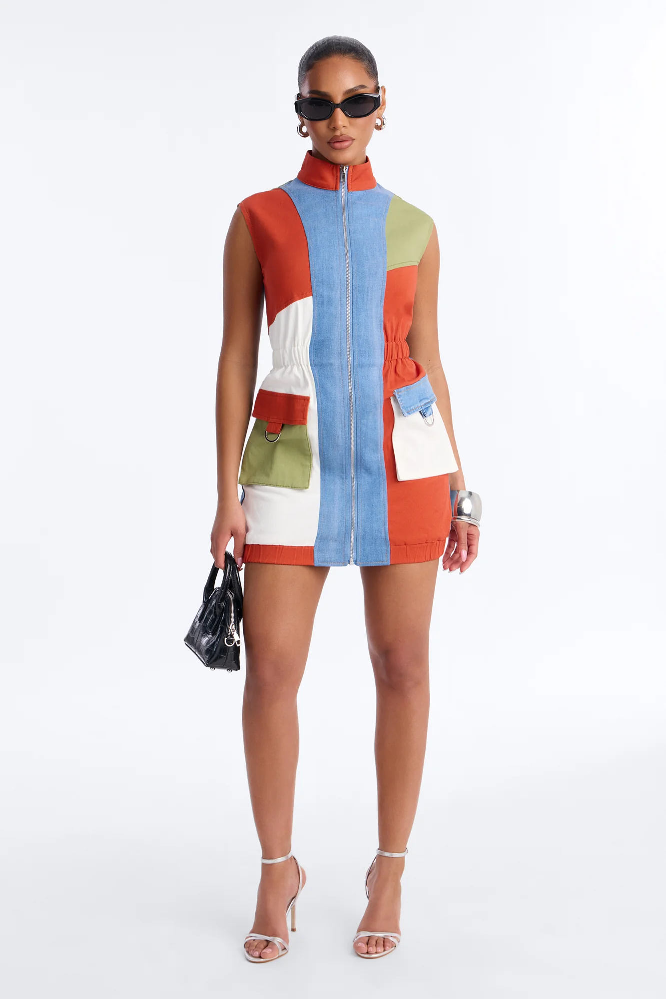 Sonic Vroom Colorblock Stretch Denim Mini Dress - Orange/combo