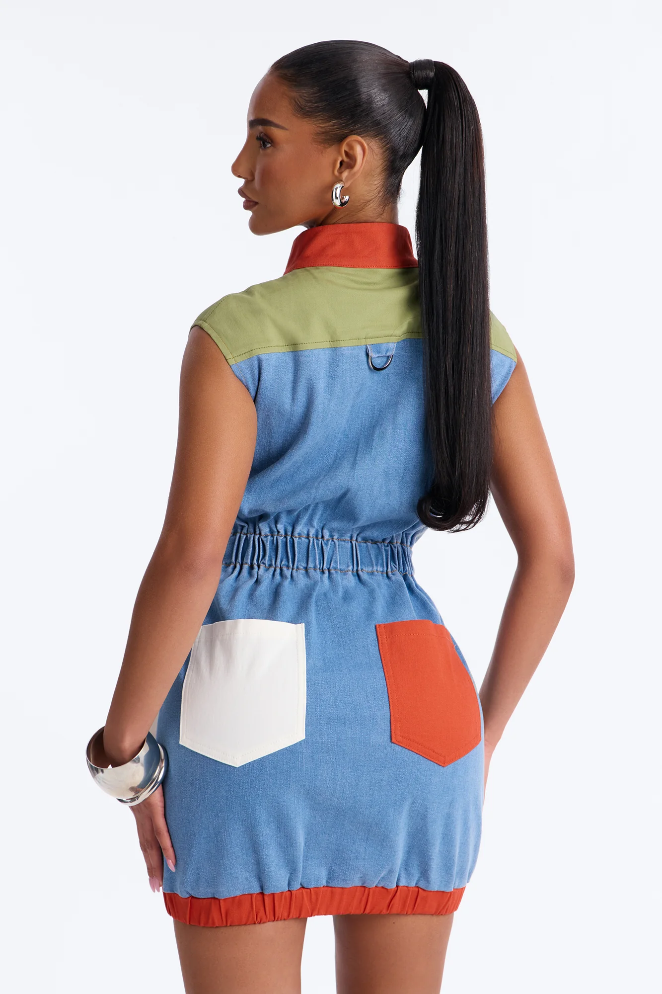 Sonic Vroom Colorblock Stretch Denim Mini Dress - Orange/combo - Image 4