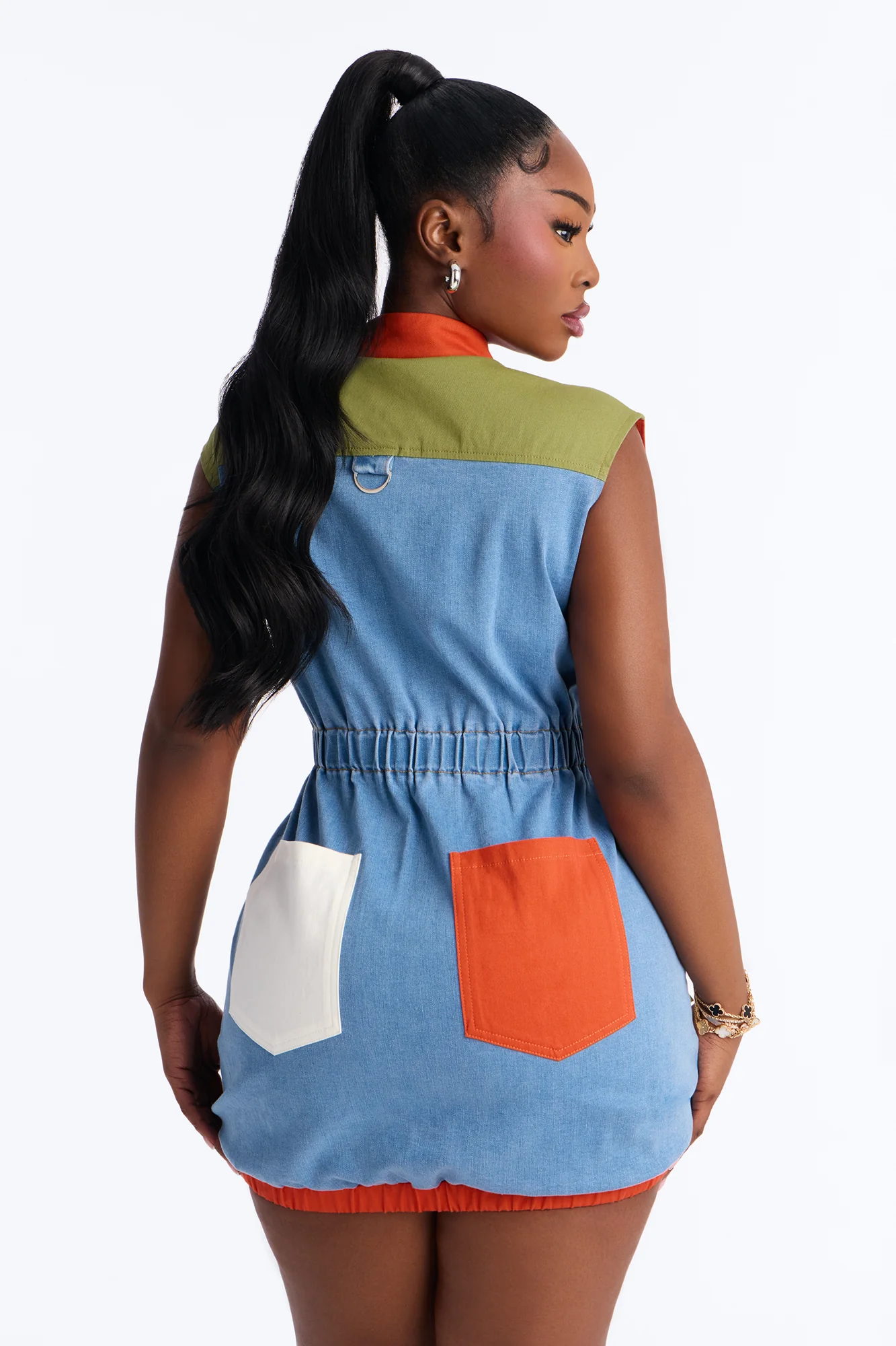 Sonic Vroom Colorblock Stretch Denim Mini Dress - Orange/combo - Image 8
