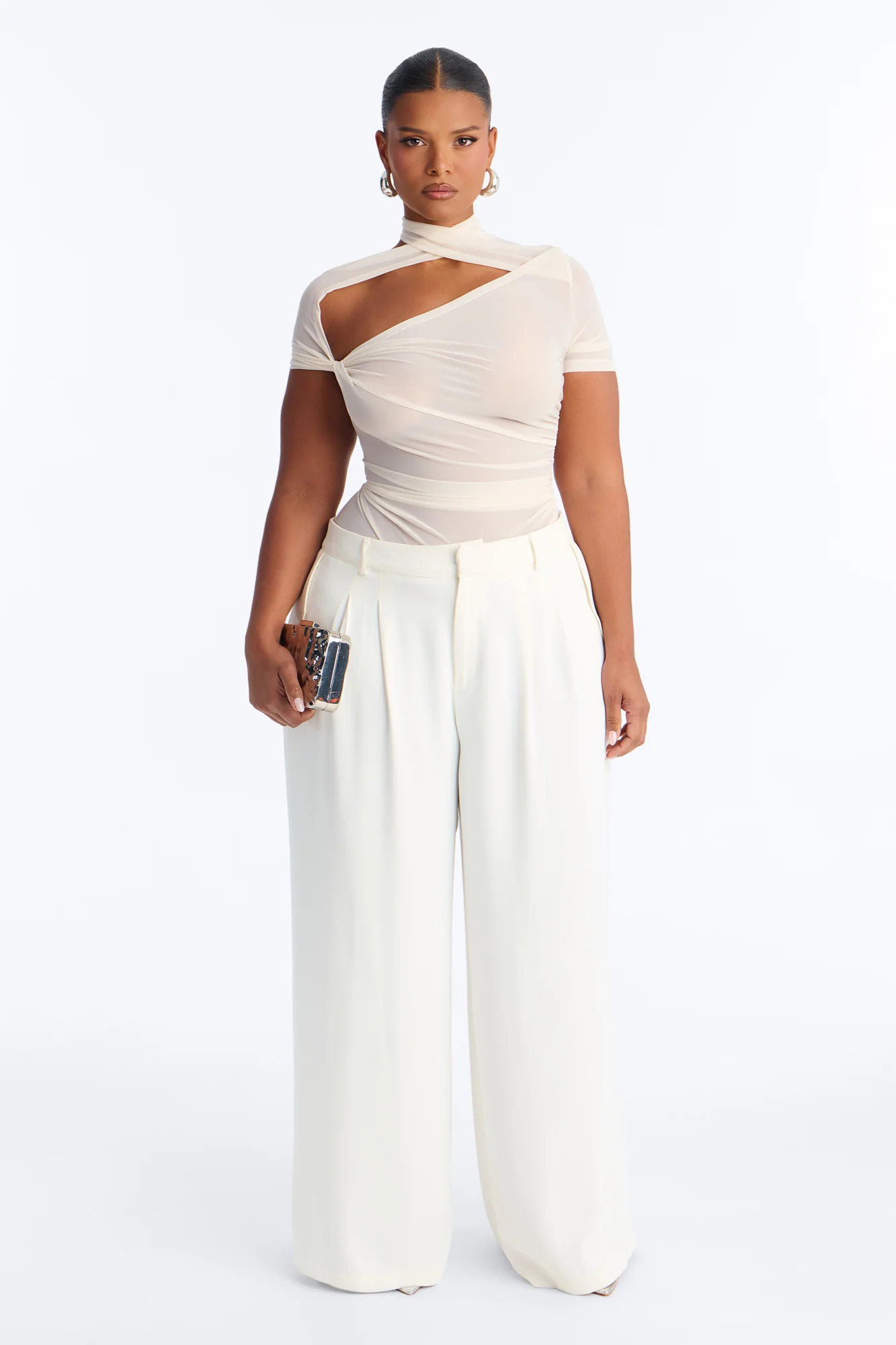 Sophie Power Mesh Twist Short Sleeve Top - Bone - Image 6