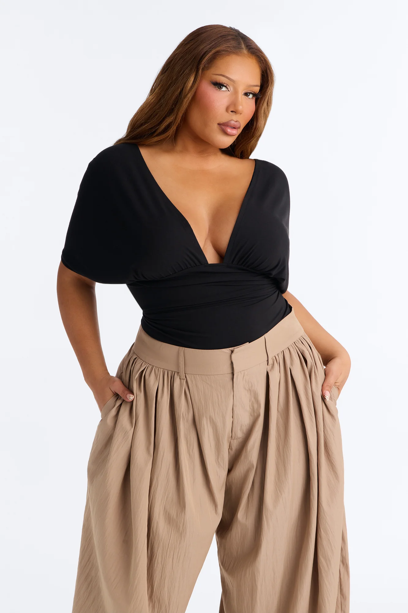 Sophie Ruched Short Sleeve V-Neck Bodysuit - Black - Image 2