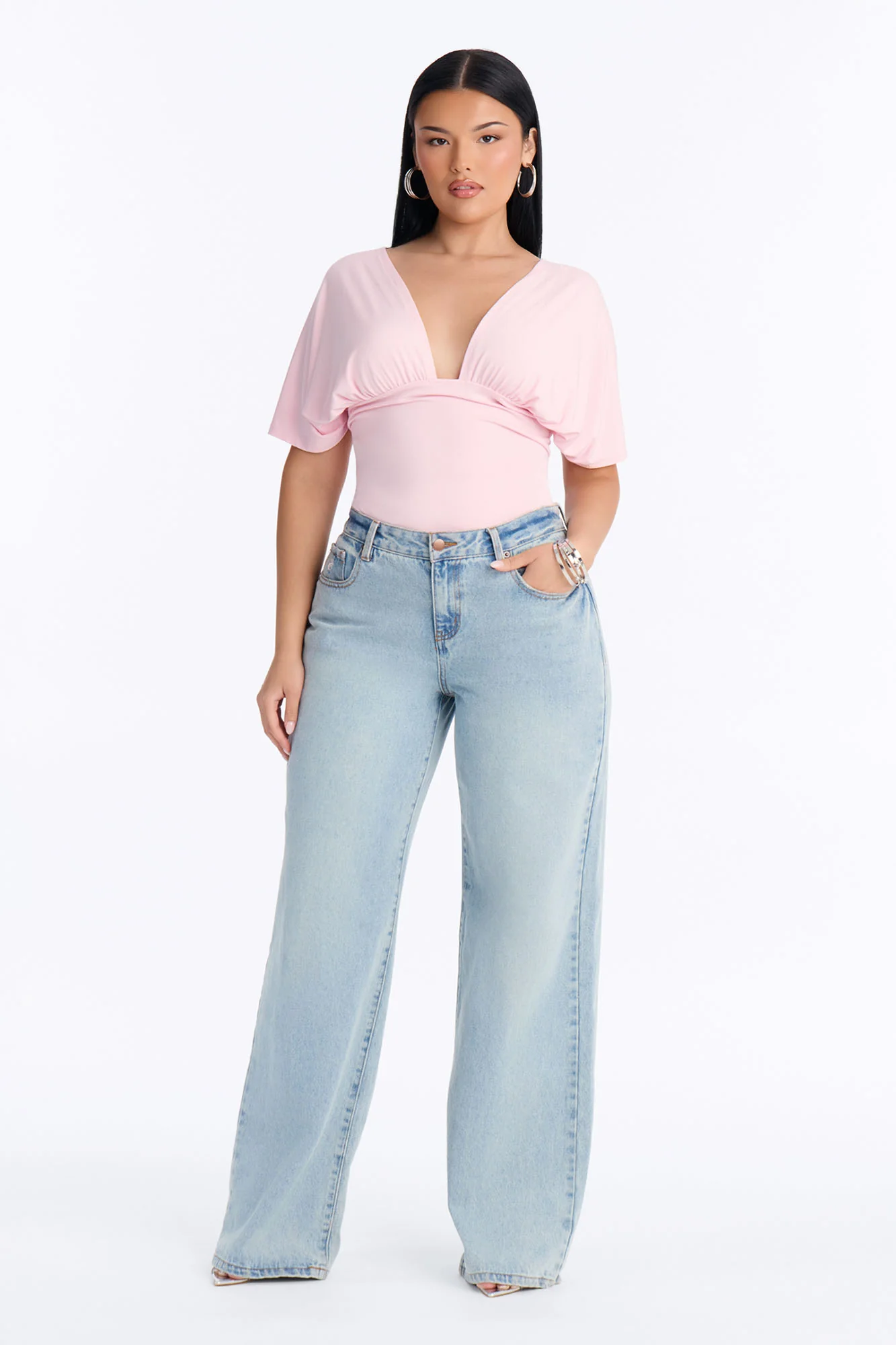 Sophie Ruched Short Sleeve V-Neck Bodysuit - Pink - Image 3