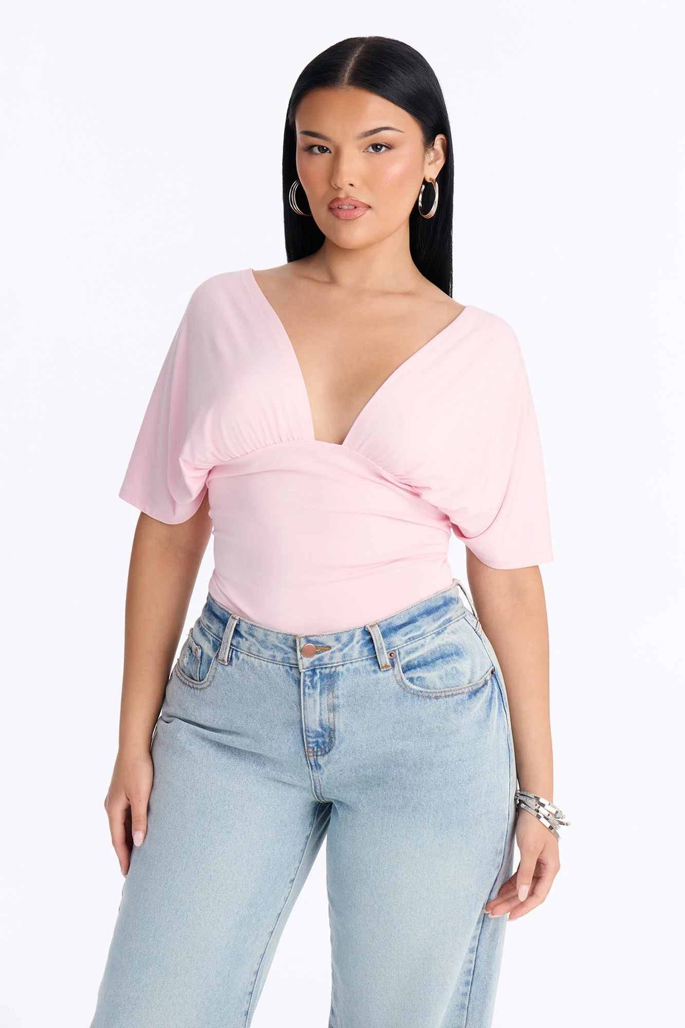Sophie Ruched Short Sleeve V-Neck Bodysuit - Pink - Image 4