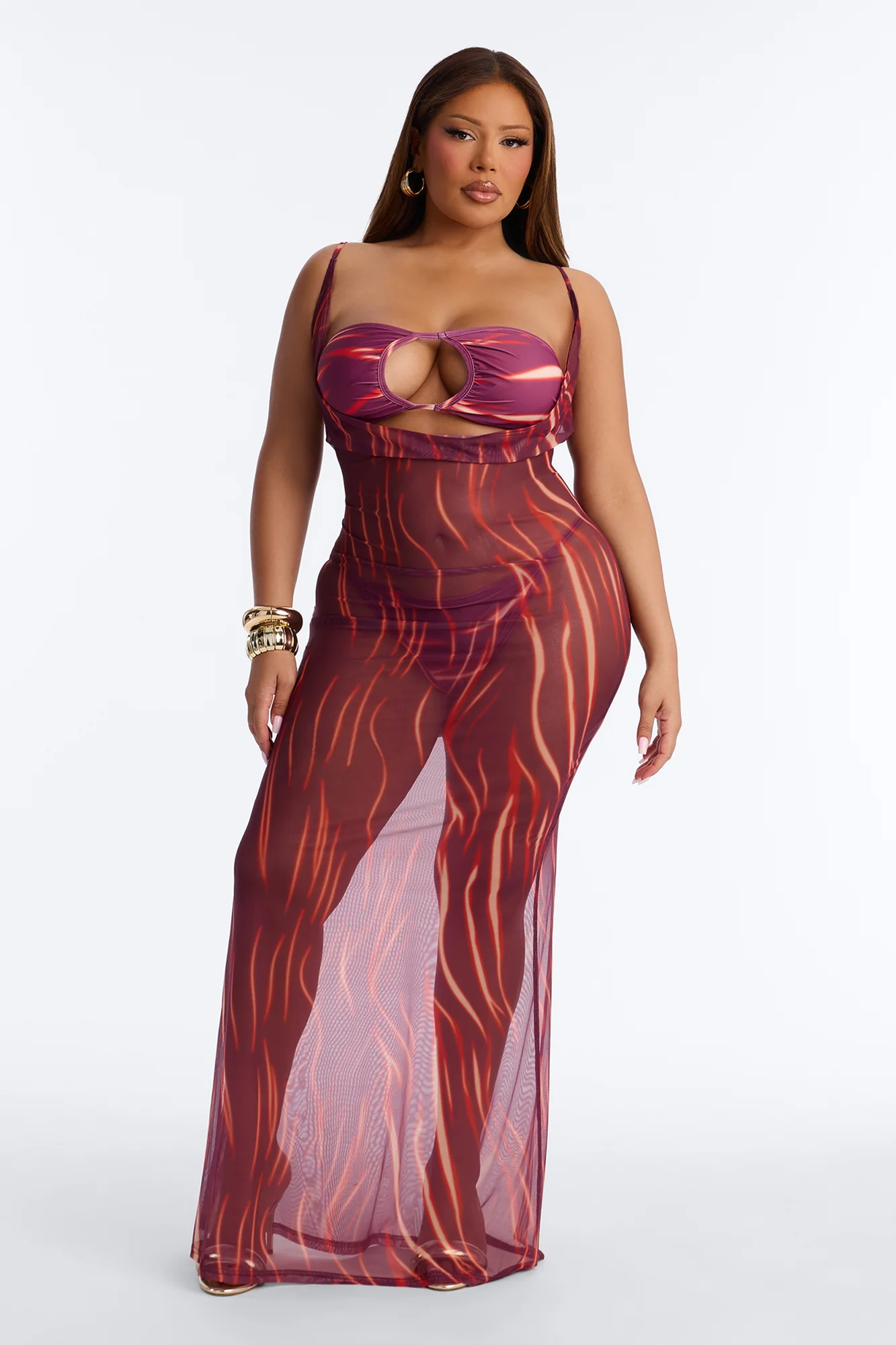 Soul On Fire 3 Piece Bandeau Bikini & Cover Up Plunge Maxi Dress - Red/combo - Image 5