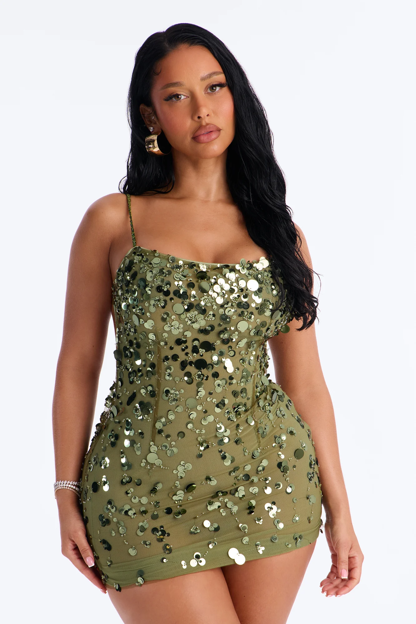 Sparkle Mesh Sequin Mini Dress - Olive - Image 2