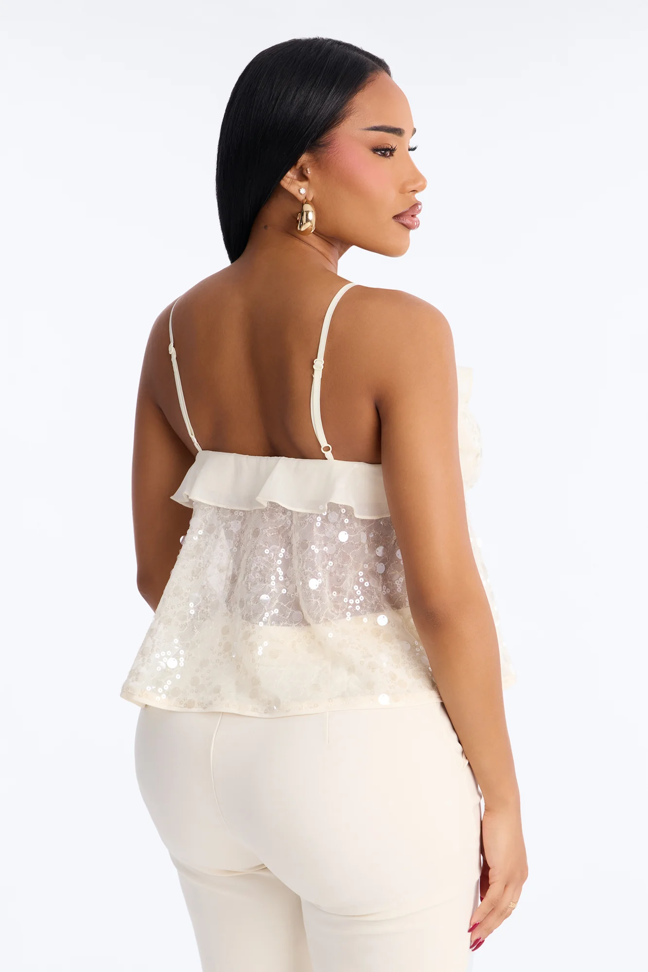 Sparkle Now Sleep Later Ruffle Sequin Flyaway Top - Cream - Image 4
