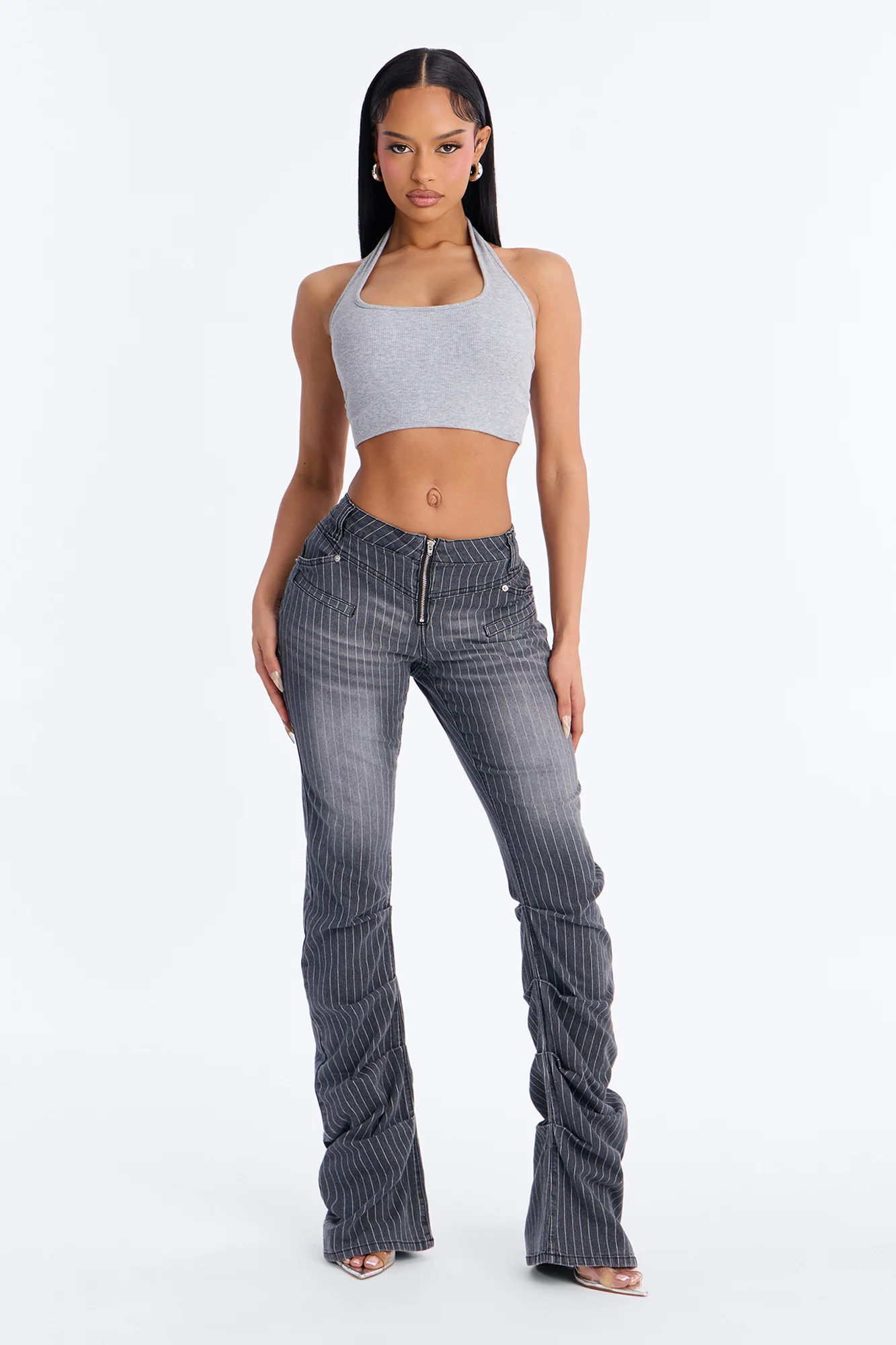 Speakeasy Striped Stacked Low Rise Flare Jeans - Grey - Image 2